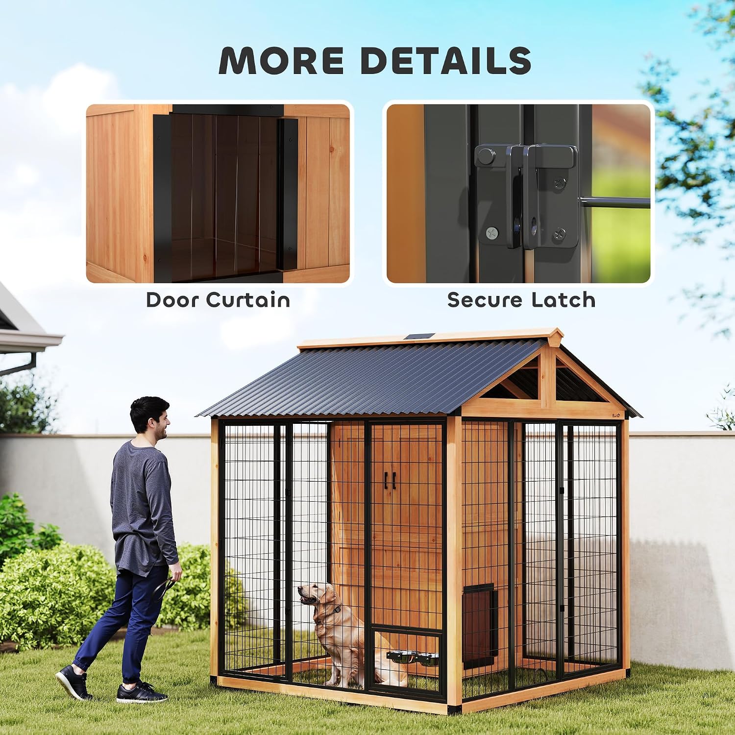 PawHut 7' x 6' Extra Large Outdoor Dog Kennel, Walk-in Wood Dog House with Internal Storage Cabinet, Pet Shelter with Waterproof Roof, Stainless Steel Bowls, Feeding Door for Large Breeds, Yellow