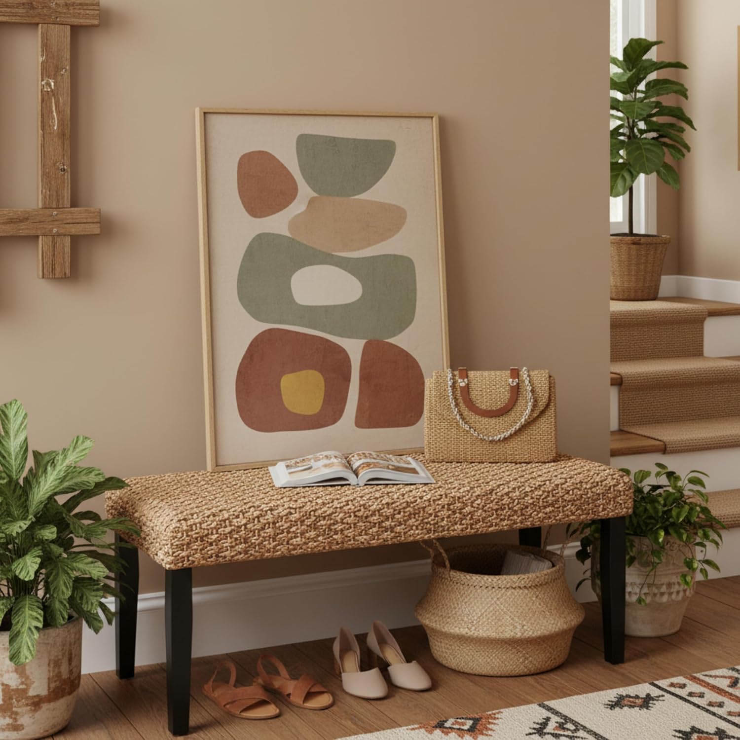 Solid Wood Acacia Indoor Bench with Natural Woven Seat, Boho Bench Entryway, Wood Bench for Living Room, Wooden Bench for Bedroom, Farmhouse Entryway Bench, Dining Benches (Black, Water Hyacinth)
