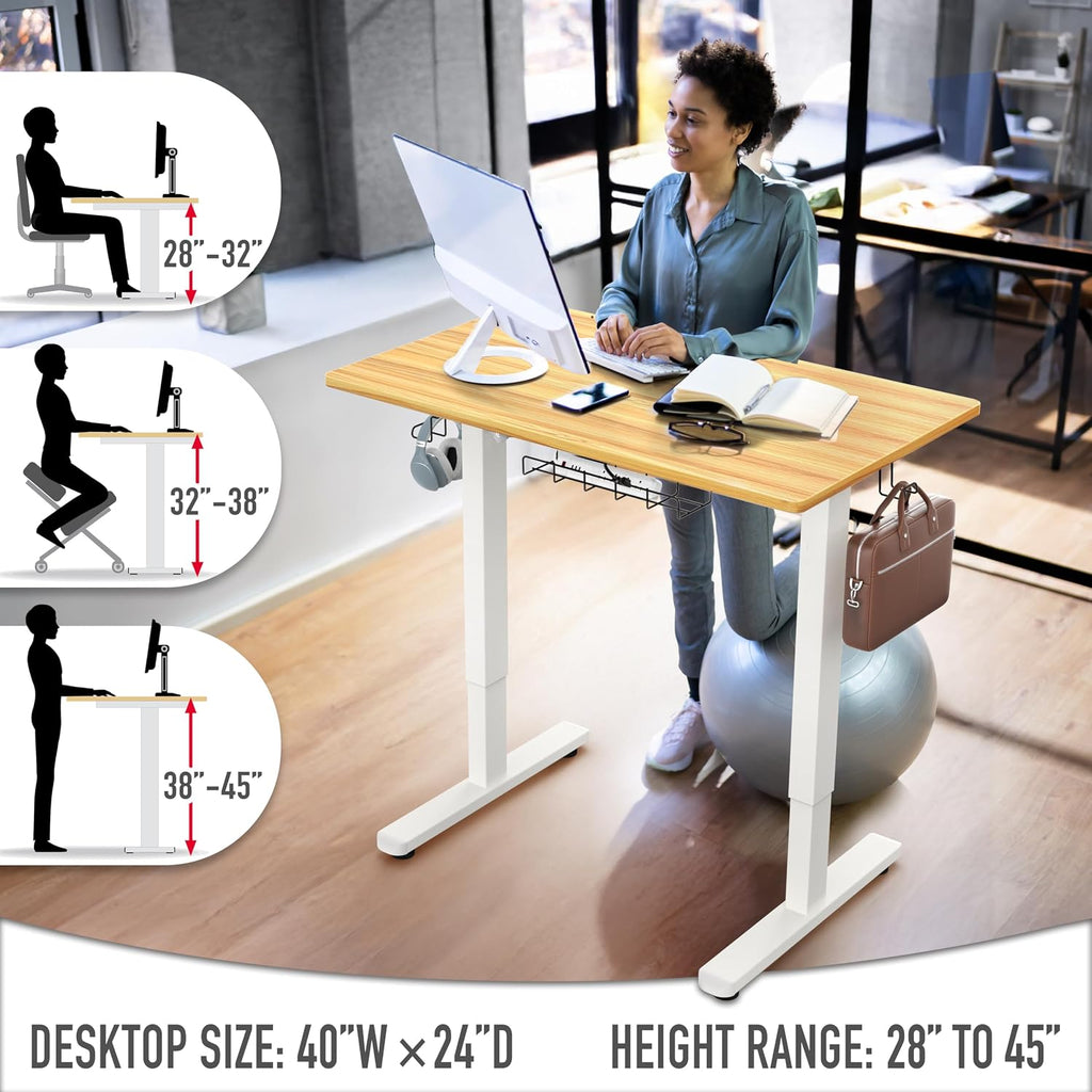 SHW 40-Inch Electric Height Adjustable Standing Desk with Drawer, Memory Preset and Cable Management Tray, Oak