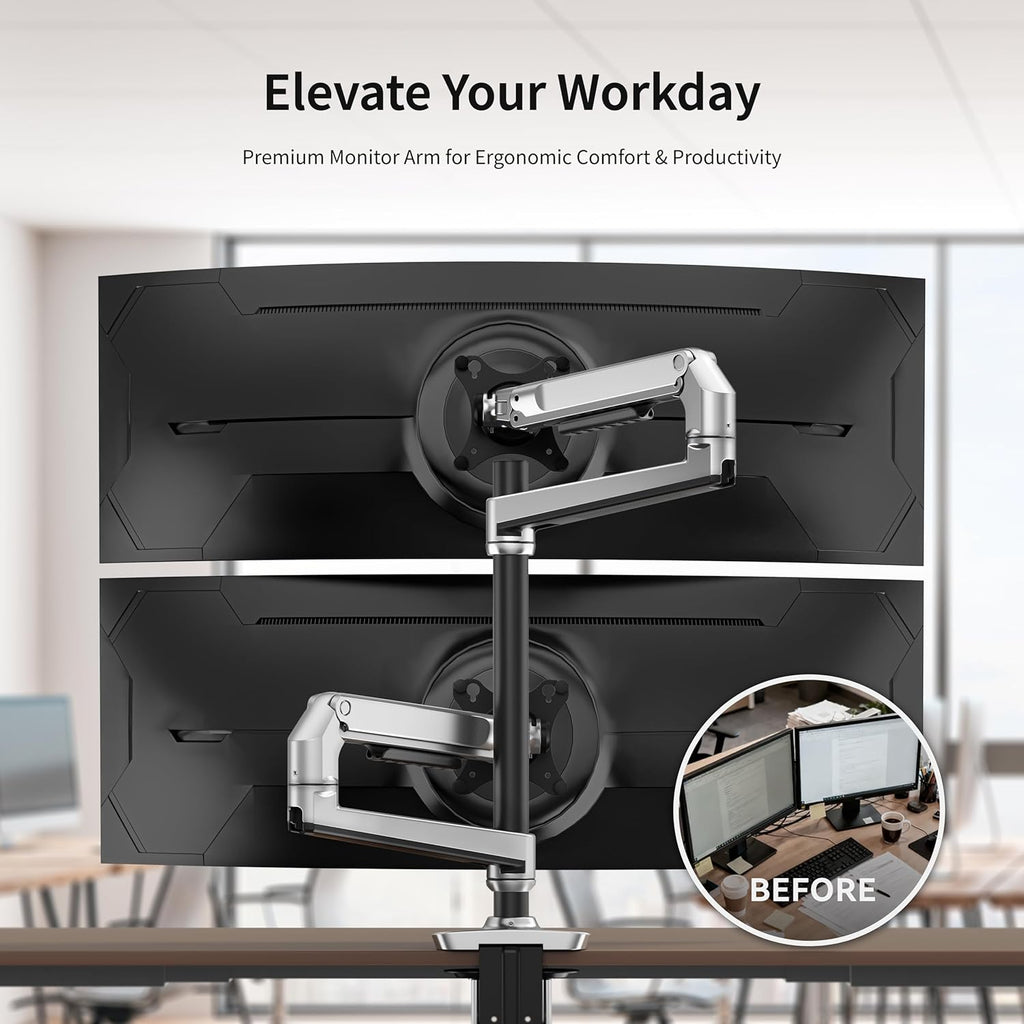 Ergounion Premium Dual Monitor Stand for Desk, High-Grade Aluminum Stacked Monitor Arm with Heavy-Duty Mechanical Spring, Adjustable Vertical Double Monitor Mount for 13-40 inch Screens, Silver
