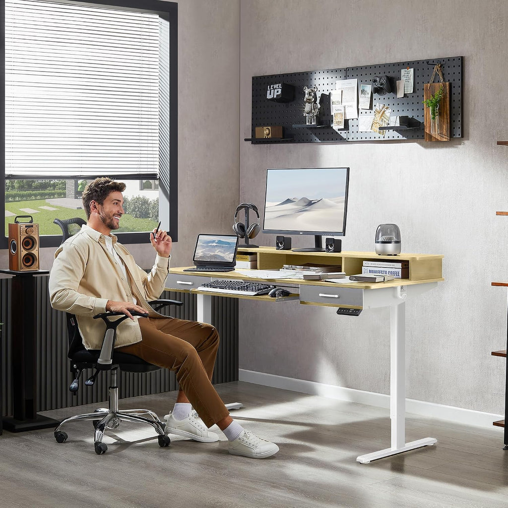 WALKINGDESK 55 Inches Electric Standing Desk with Keyboard Tray, Height Adjustable Sit to Stand Table with 2 Drawers, Ergonomic Home Office Desk with Storage Shelf, Computer Table, Oak