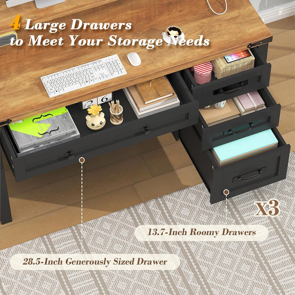 YOMILUVE Farmhouse Computer Desk with Drawers, 47' Small Computer Desk with Power Outlets, Home Office Desk with Monitor Stand & 4 Drawers, Writing Study Table, Brown and Black