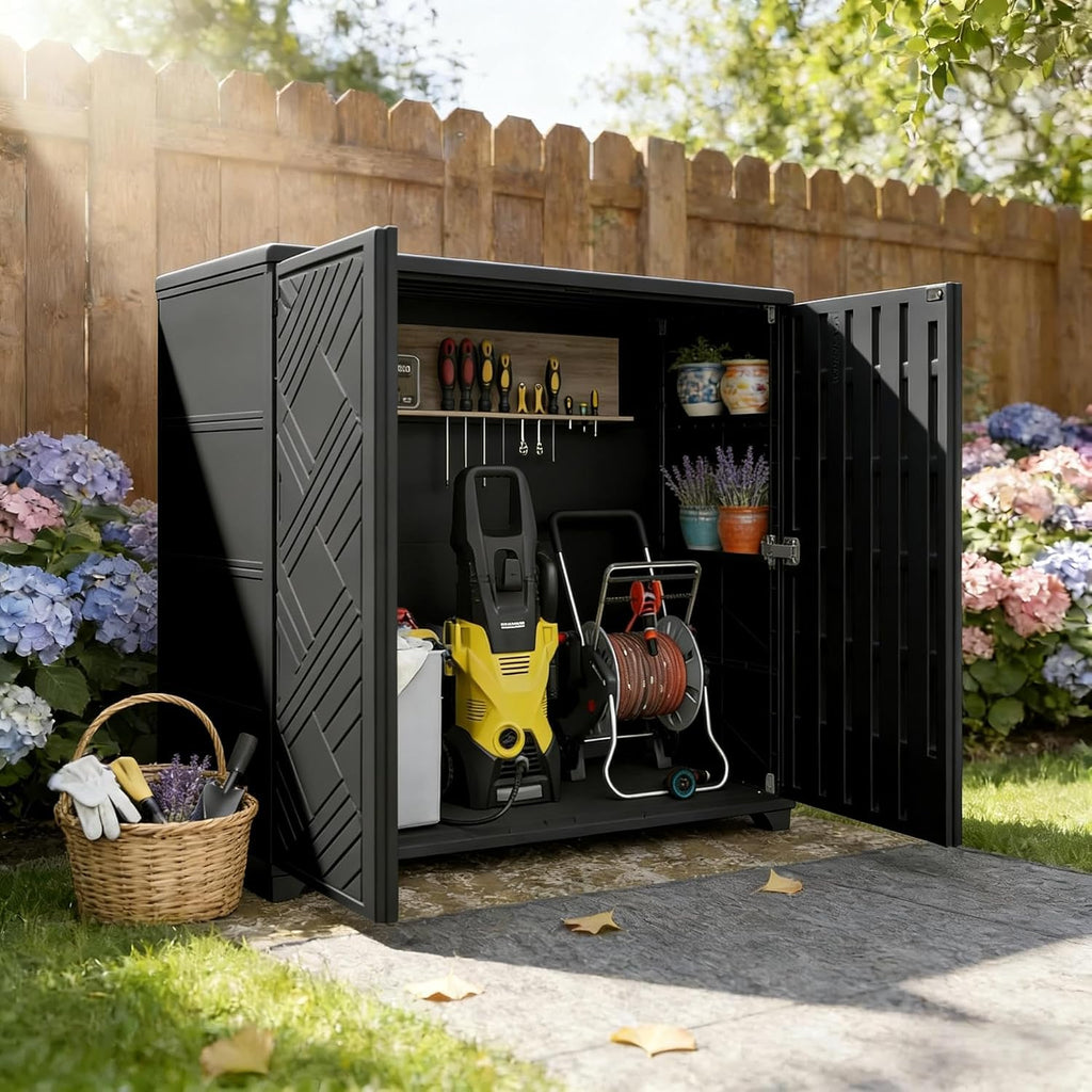 Outdoor Storage Cabinet with Lockable Doors, Portable Horizontal HDPE Plastic Storage Shed, Outdoor Waterproof Storage Cabinet for Pool Storage, Garden Shed, Black