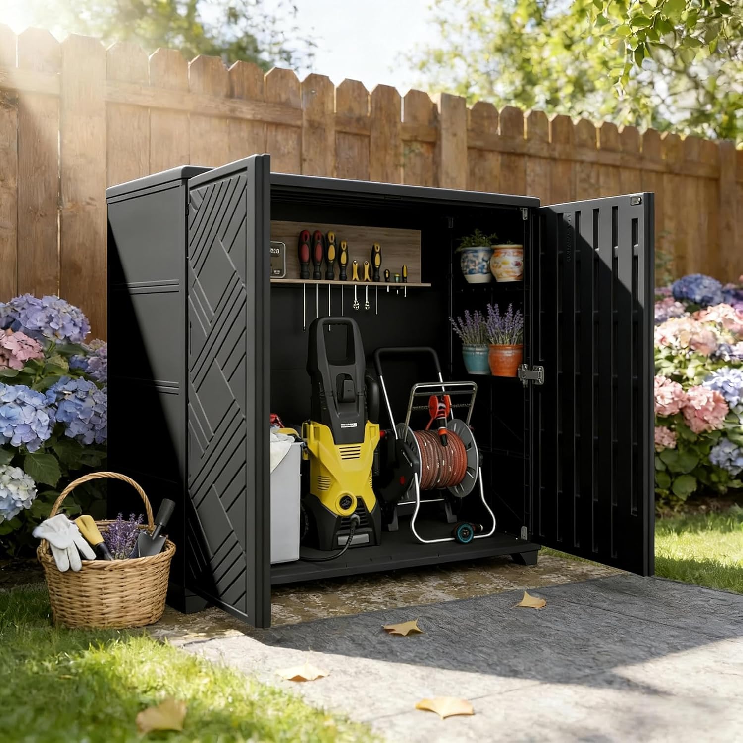 Outdoor Storage Cabinet with Lockable Doors, Portable Horizontal HDPE Plastic Storage Shed, Outdoor Waterproof Storage Cabinet for Pool Storage, Garden Shed, Black