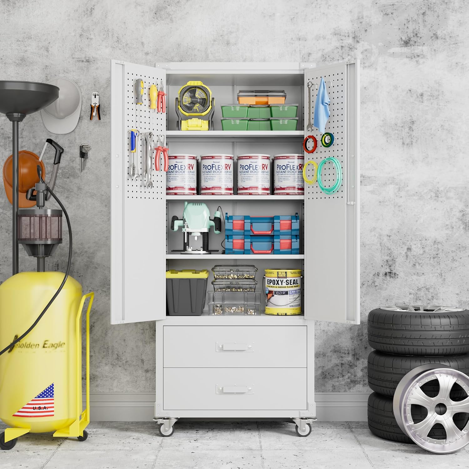 Reemoon Garage Storage Cabinet with 2 Drawers and Pegboard, Metal Storage Cabinet with 2 Lockable Doors for Garage Home Warehouse,Required Assembly,White,71.2' H*15.2' D*30' W