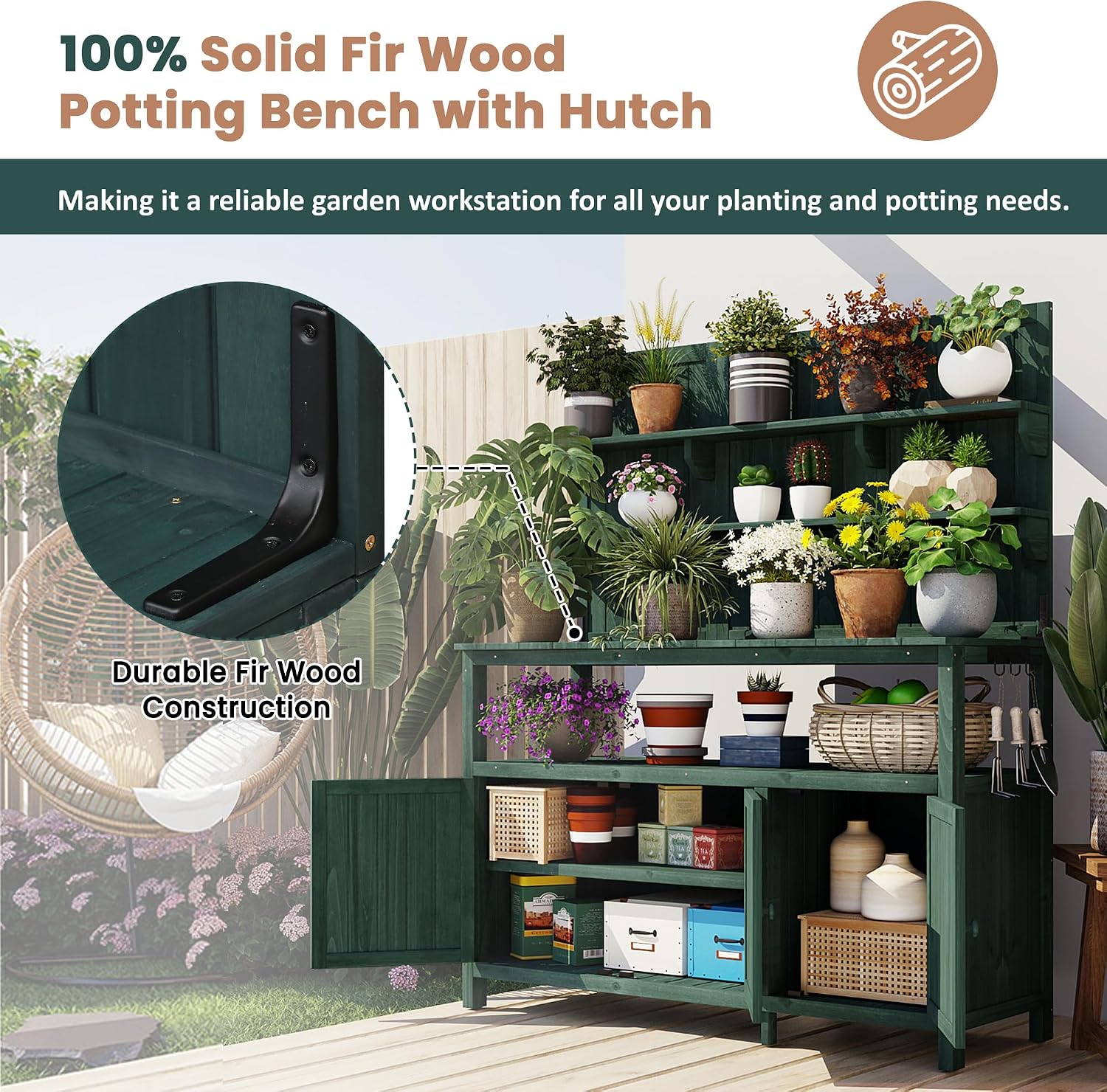 JIVOIT Outdoor Garden Potting Bench Table, 50.2' Solid Fir Wood Garden Workstation Work Bench, Outdoor Planting Table with Hutch, Large Countertop, 2 Shelves, 2 Cabinets, 3 Side Hooks
