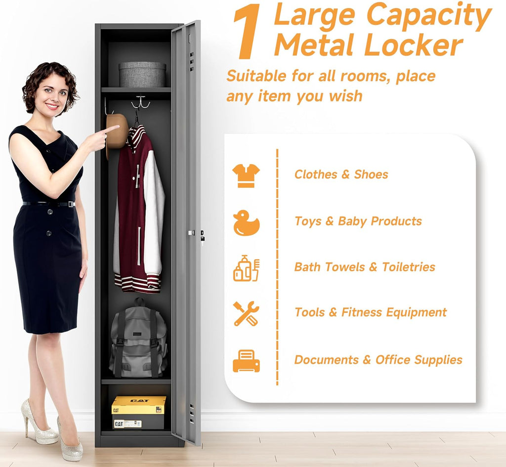 Bestoo Metal Armoire Wardrobe Closet with Locking Doors 71' Tall Narrow Steel Locking Storage Cabinet with 1 Lockable Door and Hooks for Employees, Gym, School, Home and Office (Black Gray)