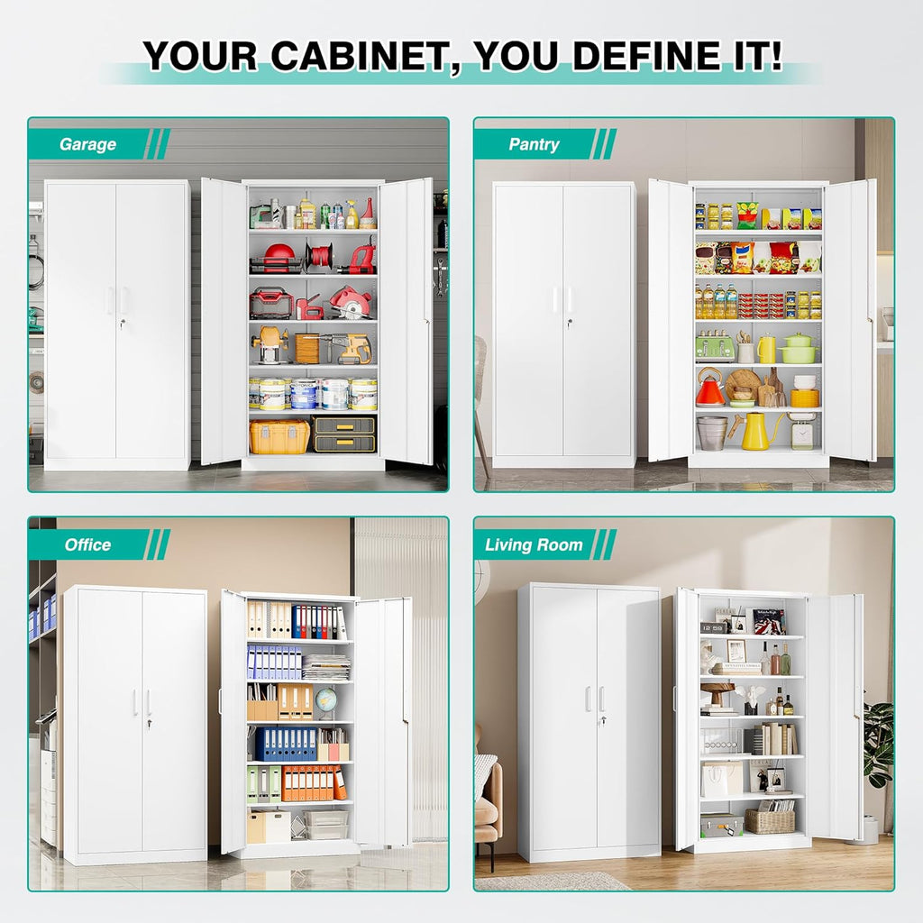 White Metal Storage Cabinet with 2 Doors and 6 Shelves,71' Tall Metal Cabinet with Lock,Lockable Garage Storage Cabinets,Locking File Cabinet,Steel Tool Cabinets for Home,Office,Garage,Shop