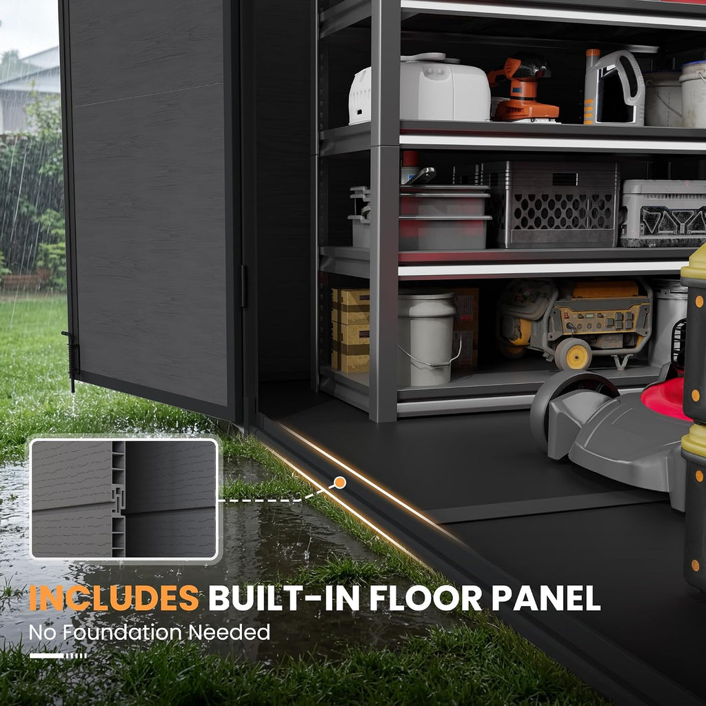 Amopatio 8X12 FT Resin Storage Shed with Floor Included, Plastic Outdoor Shed with Lockable Door, Window & Vents, for Lawnmower, Garden Tools, Pool Supplies, Dark Grey