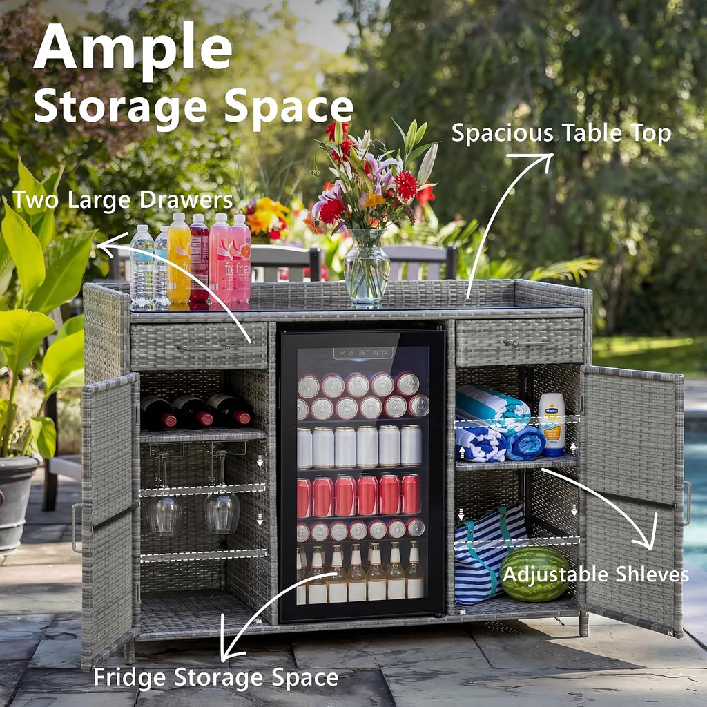53.5' W Outdoor Wicker Storage Cabinet with Fridge Space, Weatherproof Patio Mini Fridge Bar Cabinet with Adjustable Shelves & Drawers for Outdoor Pool, Towel Storage, Garden, Kitchen, Grey