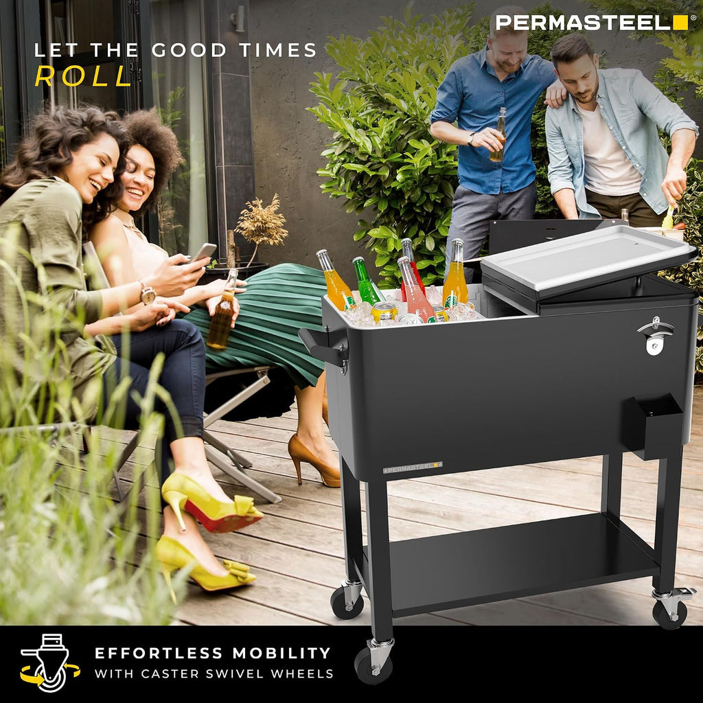 Permasteel Party Cooler with Divider, Removable Basin, Spacious 80-Qt Capacity, Chills 36hrs, Serving Tray, Rolling Ice Chest for Indoor & Outdoor