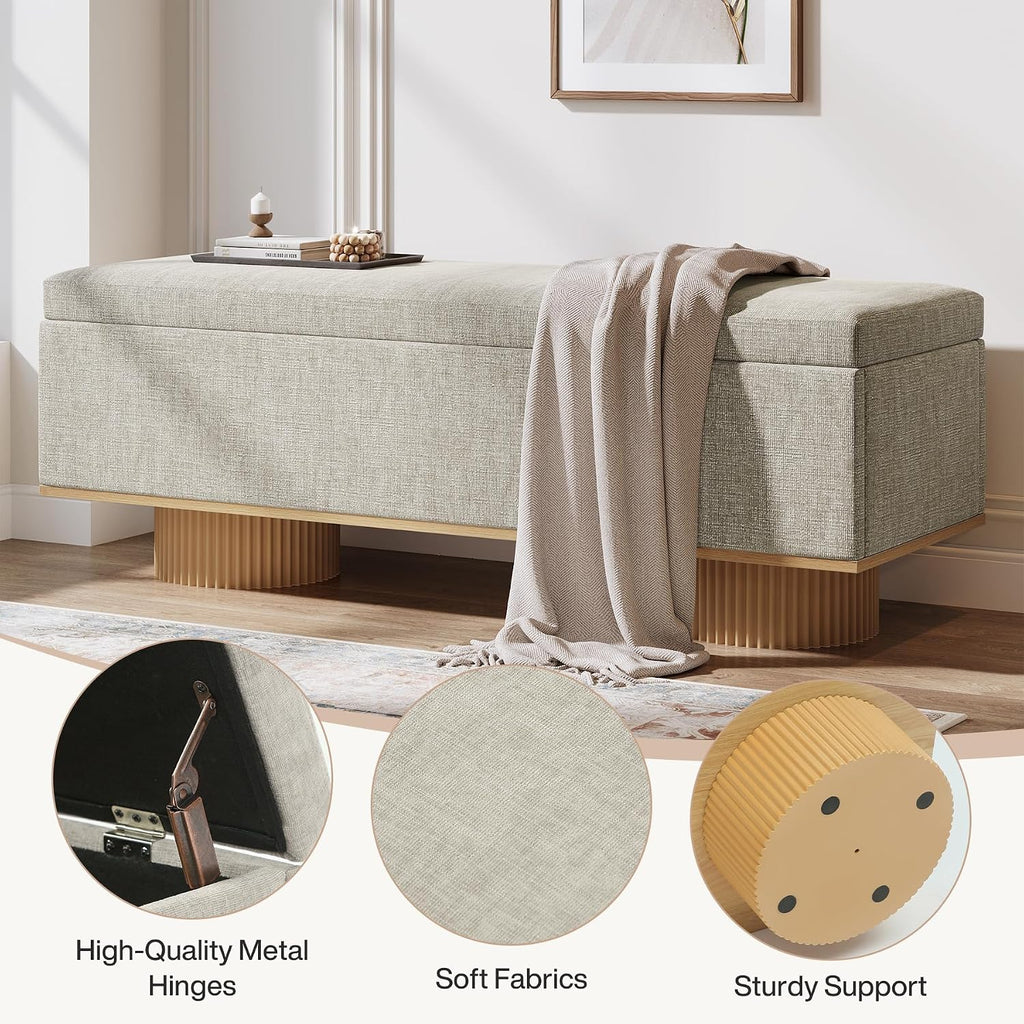 Tribesigns 50.39' Storage Bench with Padded Seat Cushion, Upholstered Shoe Bench with Flip Up Storage for Bedroom, Living Room, Entryway, Load up to 330 lb, Beige + Wood Color