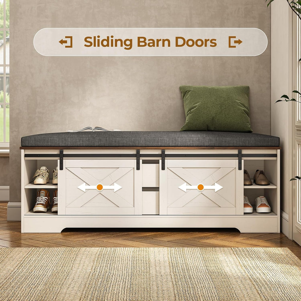 UPOSOJA 60' Farmhouse Storage Bench with Cushion, Shoe Rack with Slide Barn Doors, Adjustable Shelf and 2 Drawer for Entry, Bedroom, Closet, Living Room, Hallway (White Brown, 60 in)