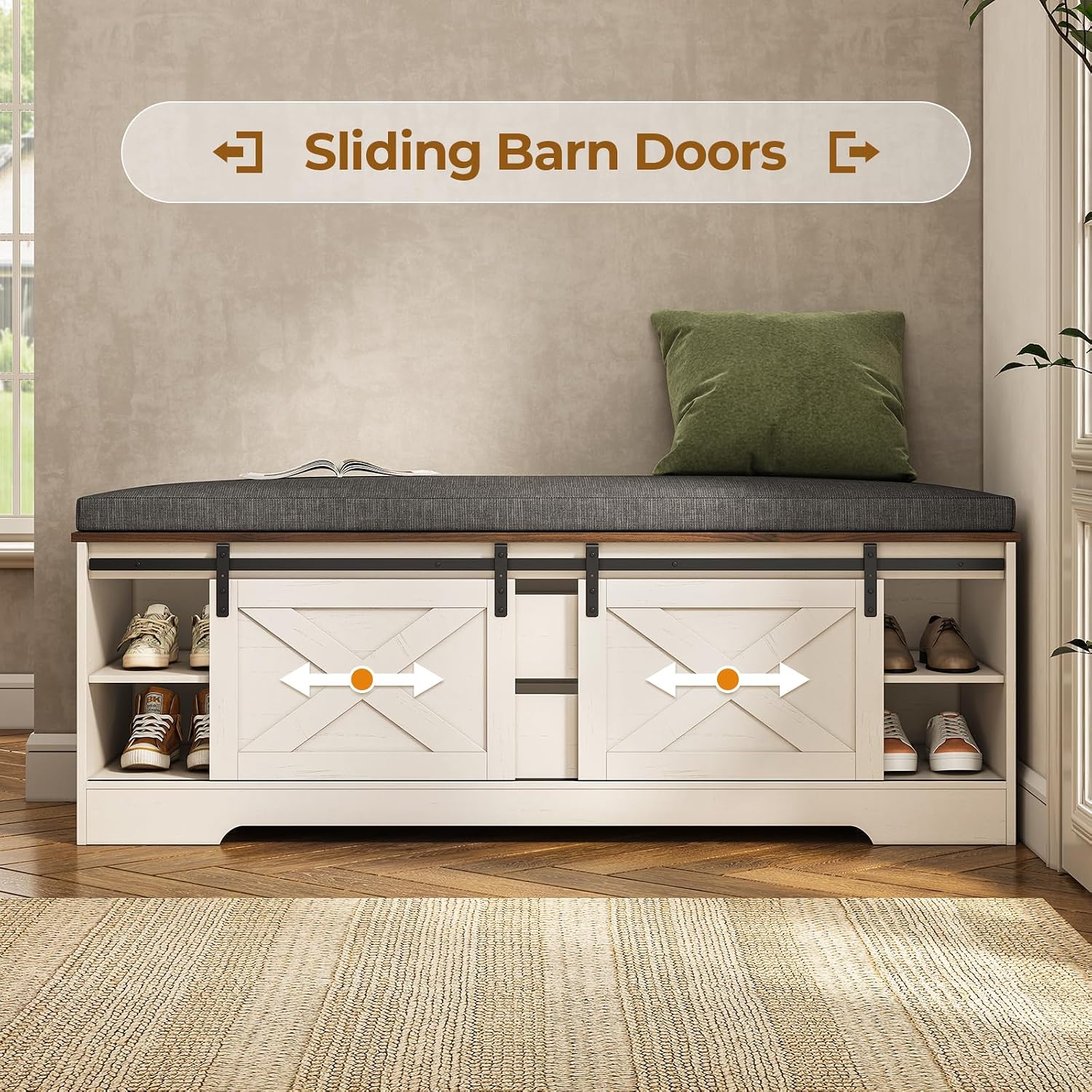 UPOSOJA 60' Farmhouse Storage Bench with Cushion, Shoe Rack with Slide Barn Doors, Adjustable Shelf and 2 Drawer for Entry, Bedroom, Closet, Living Room, Hallway (White Brown, 60 in)