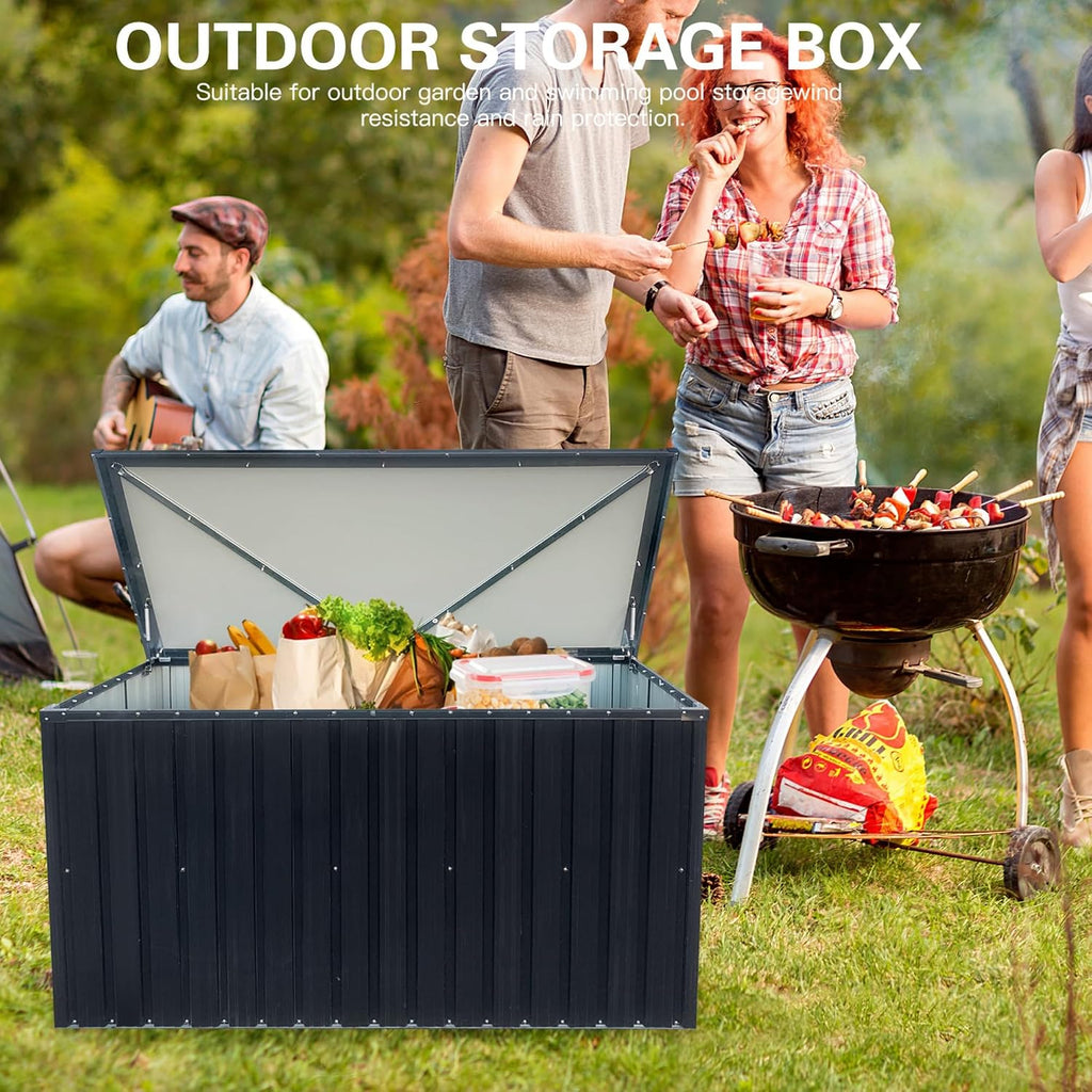 215 Gallon Outdoor Storage Box, Metal Deck Box with Waterproof UV-Resistant and Hydraulic Rod Design for Poolside, Patio, Backyard (Medium)