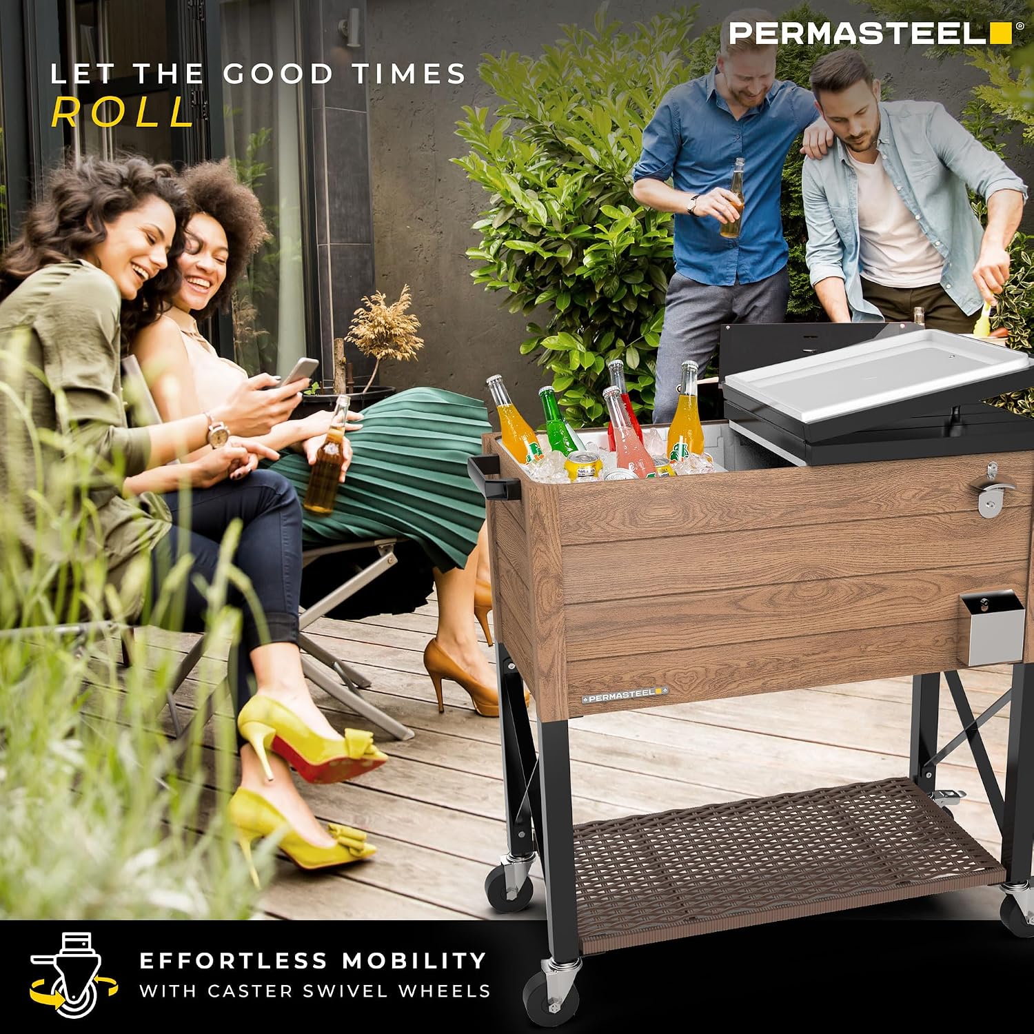 Permasteel 80 Quart Party Cooler, Rolling Ice Chest with Wheels and Handles for Indoor Outdoor Patio