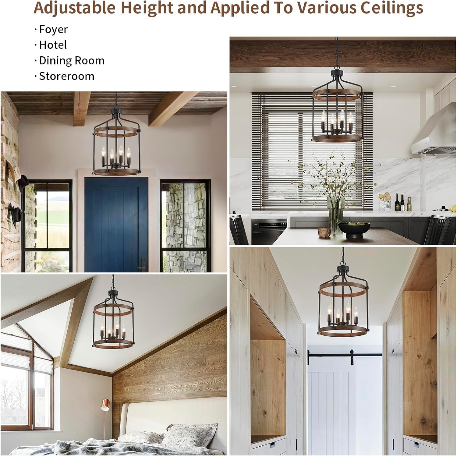 Modern Black Chandelier, 4-Light Farmhouse Dining Room Light Fixture Over Table, Muted Black with Retro Wood Texture Shade, Rustic Cage Hanging Pendant Lighting for Hallway Entryway Kitchen Bedroom
