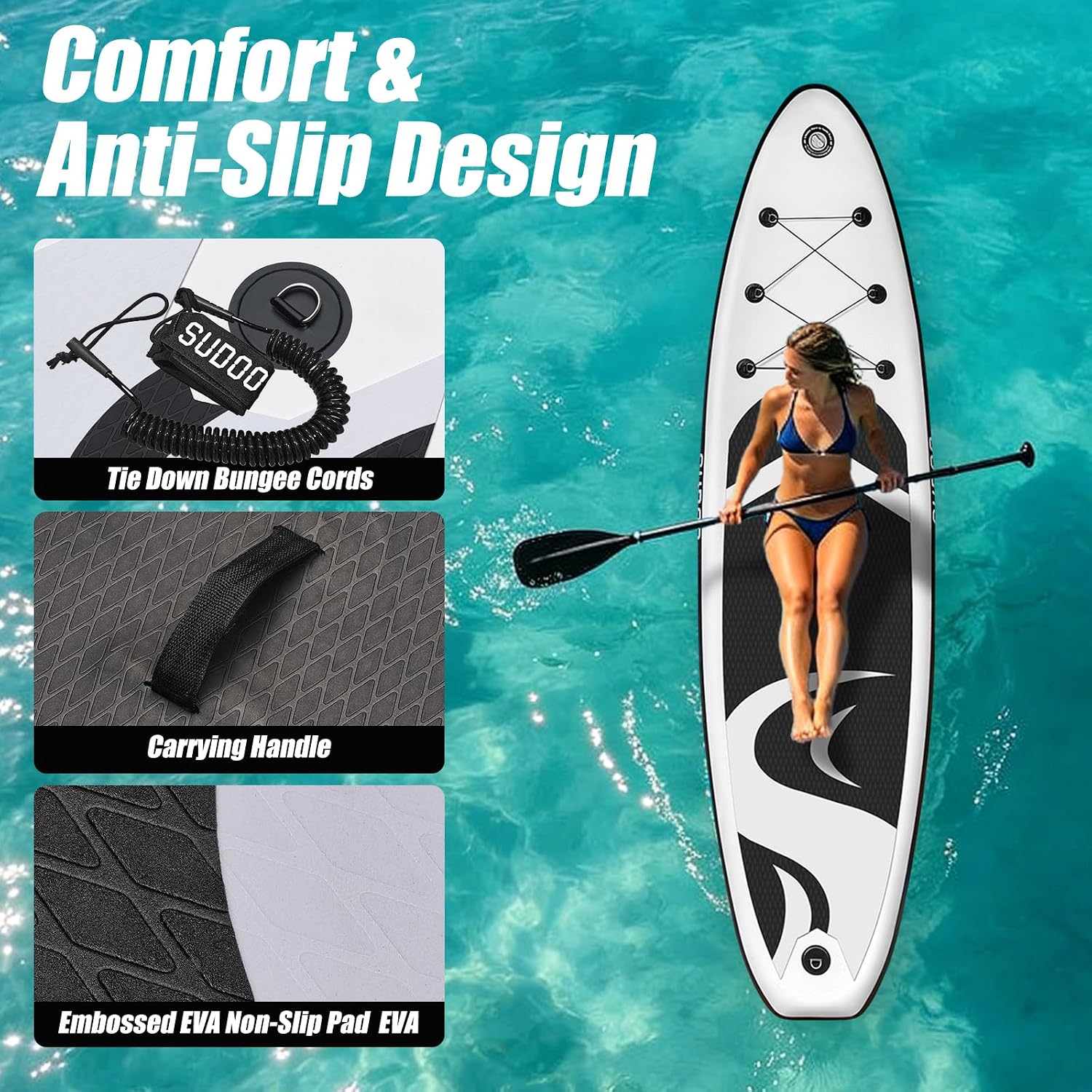 SUDOO Inflatable Stand Up Paddle Board 10'/ 10'6' SUP with 450LB Weight Capacity Adjustable Paddle Wide Stable Non Slip EVA Deck Complete Accessories for Adults Beginners Youth Outdoor Water Sports