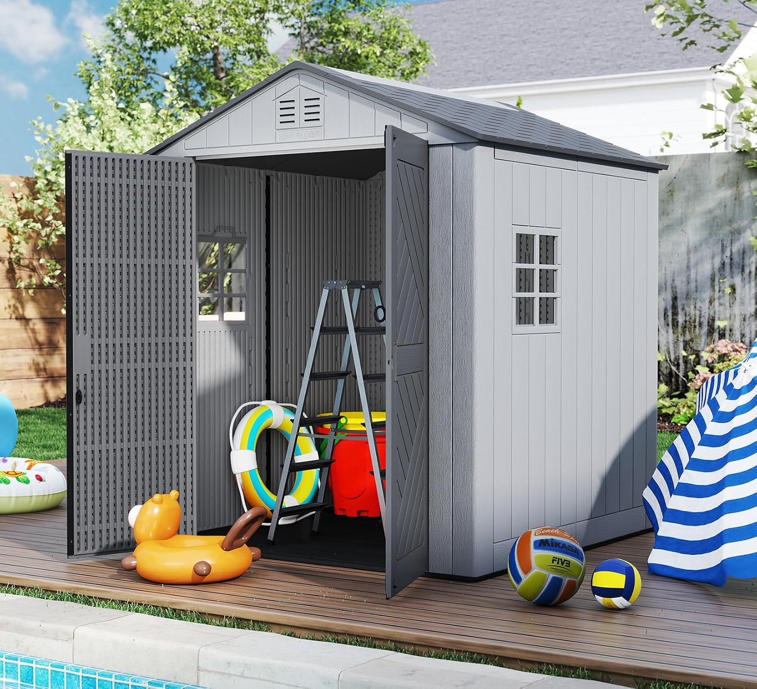 ZZM Outdoor Storage Shed 6x6 Ft, All-Weather Resistant Resin Garden Sheds & Outdoor Storage Clearance with Floor and Windows, Double-Layer Plastic Tool Shed for Backyard, Patio & Lawn (Gray)