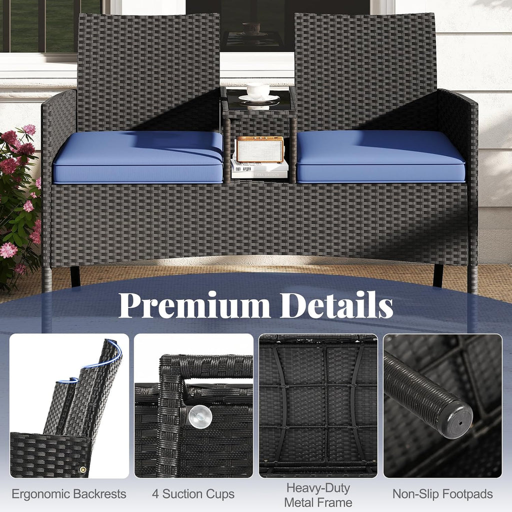 Tangkula Patio Loveseat with Built-in Table, Wicker 2-Seat Furniture with Soft Cushions & Tempered Glass Tabletop, Metal Frame Outdoor Conversation Seating Bench for Backyard, Porch
