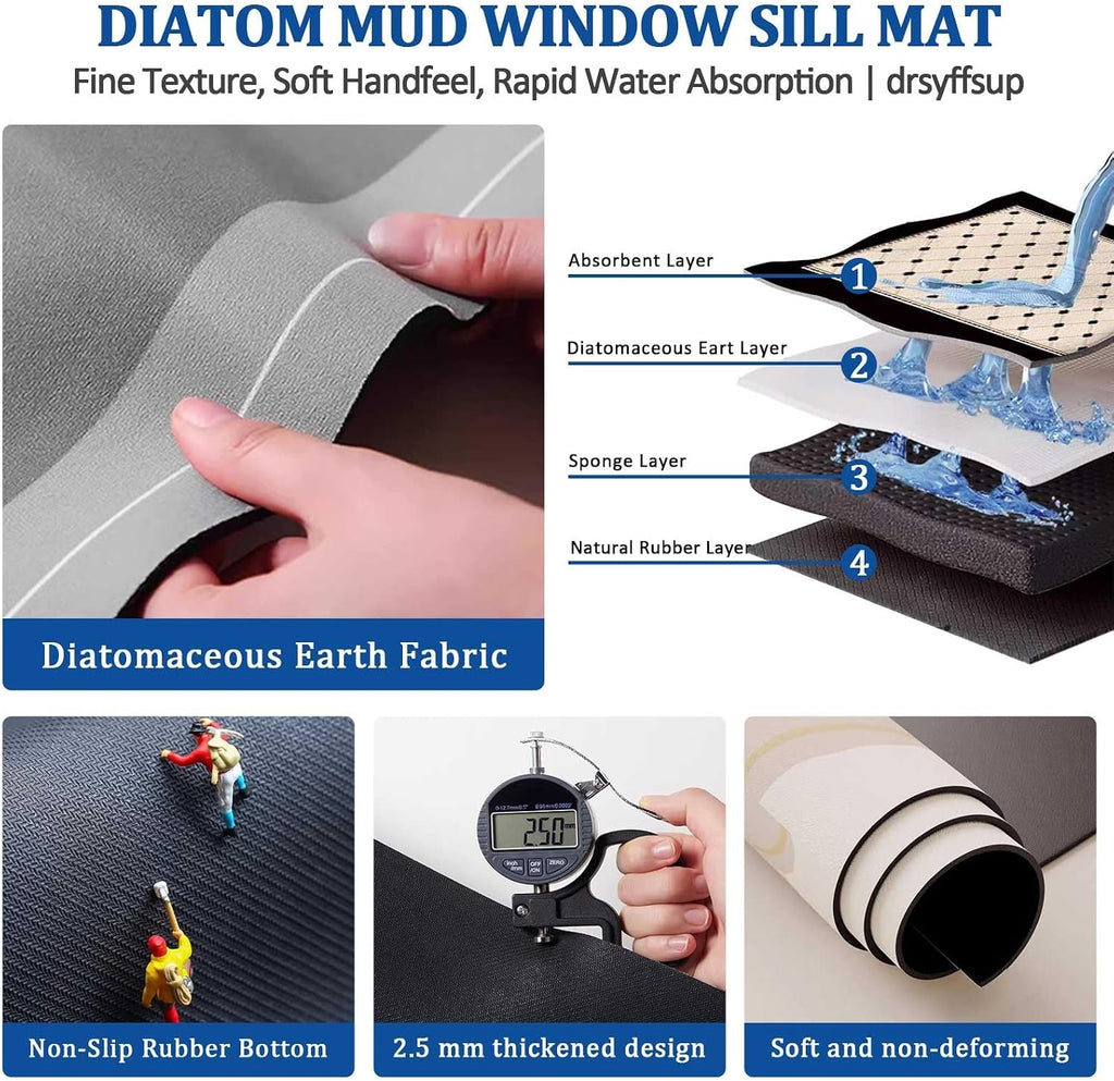Drsyffsup Pure Colour Windows Seat Cushions White, Concise Window Sill Protector Mat with Non Slip Rubber Backed, Diatom Mud Absorbent Mat for Balcony/Bathroom/Kitchen(24x71in/60x180cm)