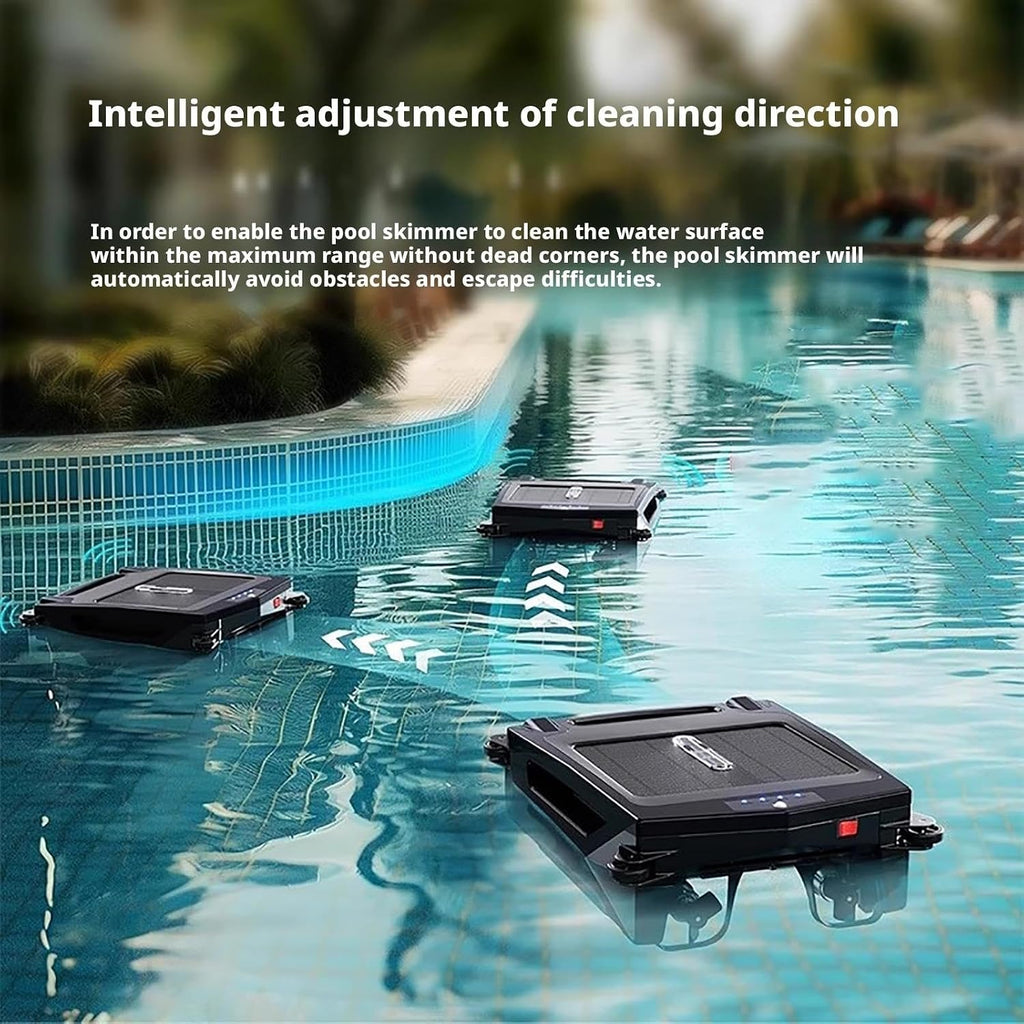 Automatic Cordless Robot Solar Powered Pool Skimmer Cleaner for All Swimming Pool, Dual Charging Options, 2 Speed Modes, Smart Obstacle Avoidance