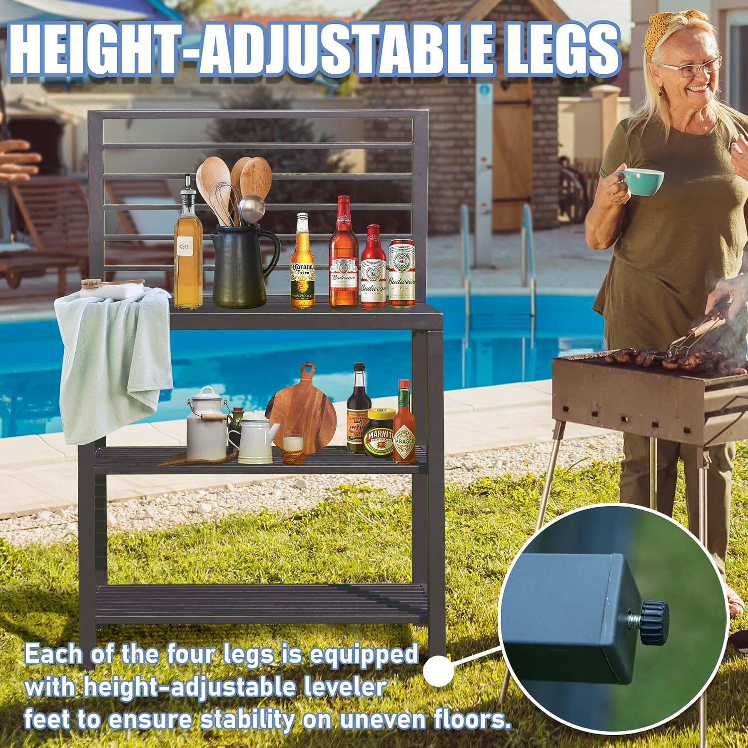 Domi Outdoor Kitchen Island with Storage, Aluminum Kitchen Storage Island Kitchen Food Prep Table with Double Storage Rack, Freestanding Bar Center with Protective Cover Indoor Outdoor