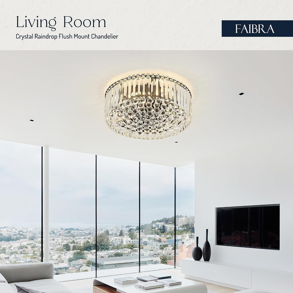 17.3' Black K9 Crystal Raindrop Flush Mount Ceiling Light, Modern Chandelier, Round Luxury Light Fixture for Dining Room, Bedroom, Hallway, Kitchen Island & Living Room