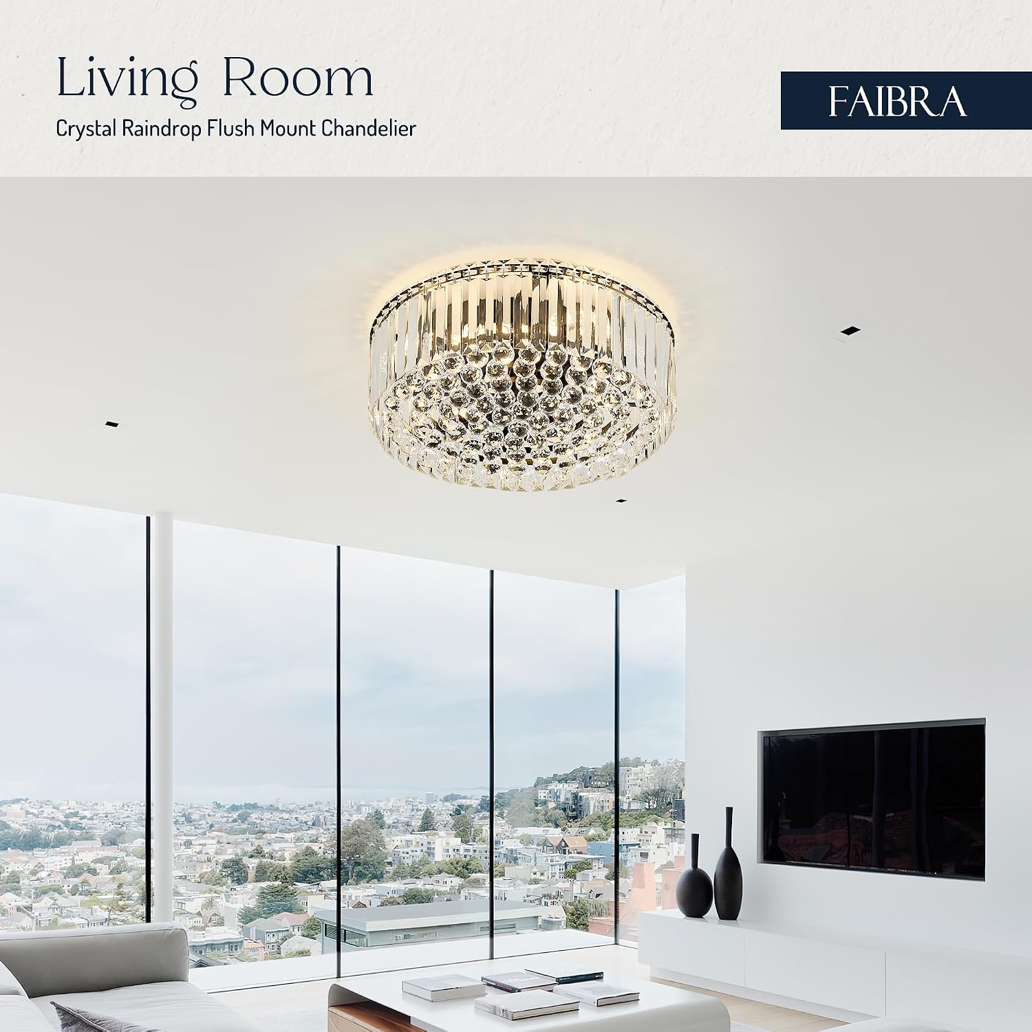 17.3' Black K9 Crystal Raindrop Flush Mount Ceiling Light, Modern Chandelier, Round Luxury Light Fixture for Dining Room, Bedroom, Hallway, Kitchen Island & Living Room