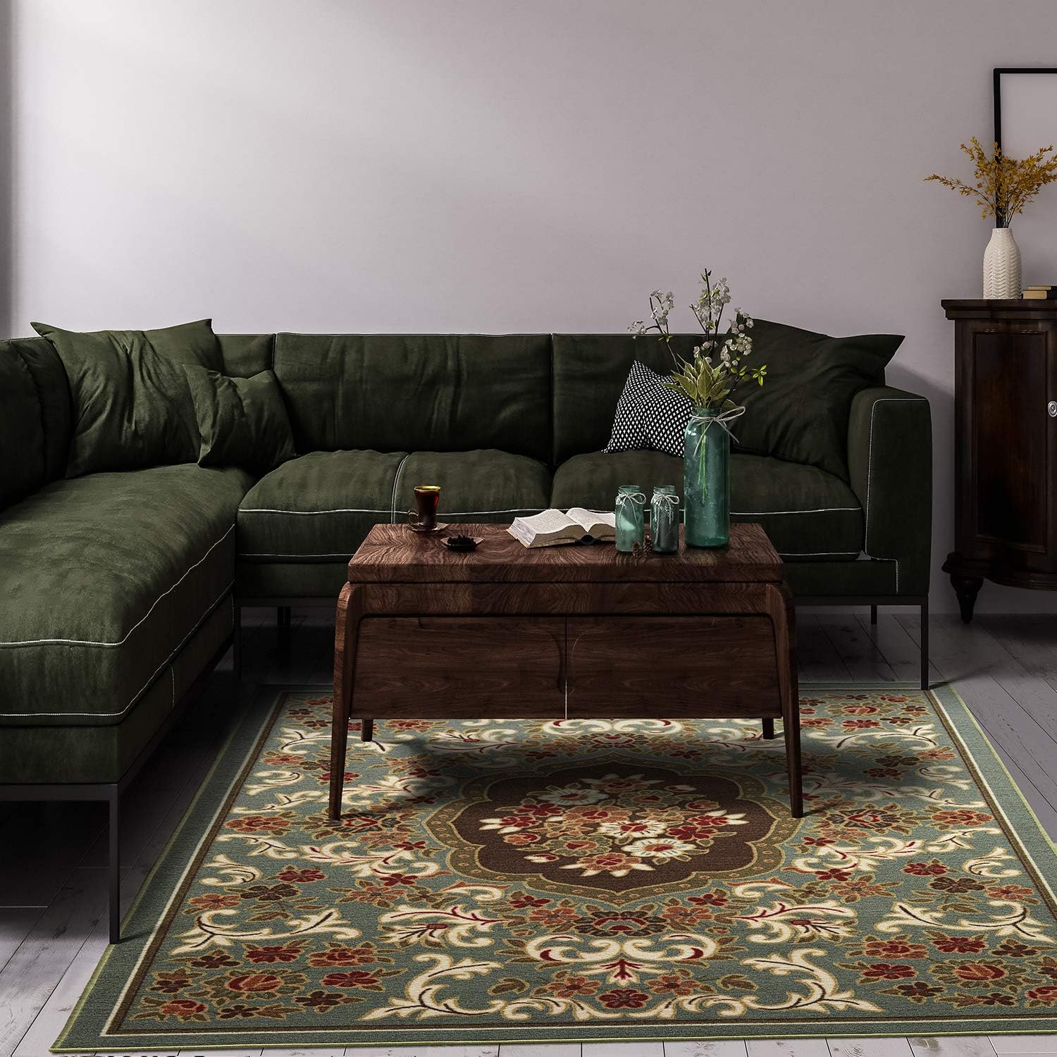 Antep Rugs Alfombras Non-Skid (Non-Slip) 6x9 Rubber Backing Modern Floral Low Profile Pile Indoor Area Rugs (Green, 6'7' x 9')
