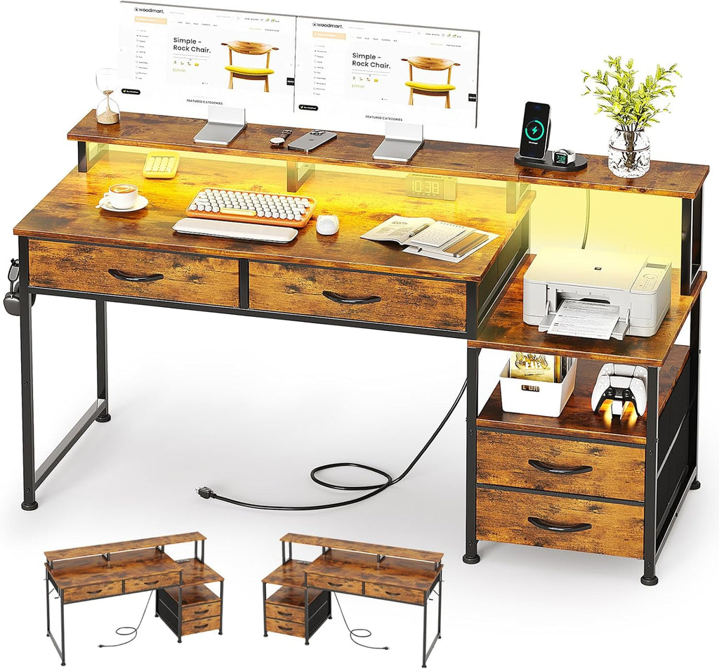 53' Computer Desk with 4 Drawers & Power Outlets, Reversible Home Office Desk with Monitor Stand & Printer Stand, Gaming Desks with Led Lights, Study Writing Work Desks Table for Bedroom, Vintage
