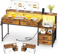 53' Computer Desk with 4 Drawers & Power Outlets, Reversible Home Office Desk with Monitor Stand & Printer Stand, Gaming Desks with Led Lights, Study Writing Work Desks Table for Bedroom, Vintage