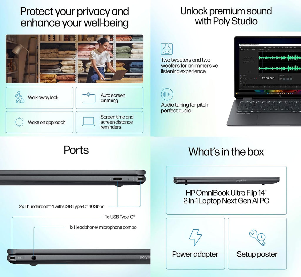 HP Omnibook Ultra Flip Creator 2-in-1 Laptop 14.0' Touchscreen OLED 2.8K Display (Intel Ultra 7-258V, 32GB LPDDR5X, 1TB PCIe SSD, Backlit KB, Active Pen, Fingerprint, Win 11 Pro) w/Dockztorm Hub