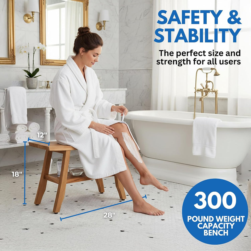 EcoDecors 28' Satori Teak Shower Bench –Bath Seat, Natural Wood Finish Water-Resistant Spa Bench | Slatted Design & Adjustable Feet for Indoor Outdoor Use | Sturdy & Safe