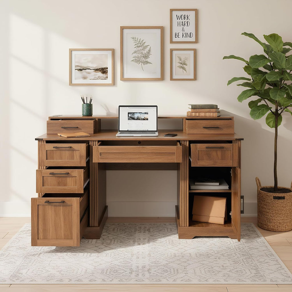 RiteSune 59.5' Farmhouse Computer Desk with USB Charging Station, Fixed Monitor Stand with Drawers, Keyboard Tray & File Cabinet, Home Office Writing Desk with Large Storage