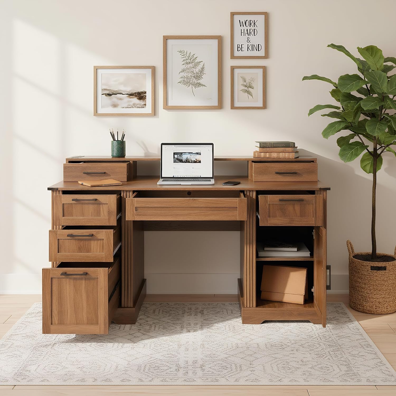 RiteSune 59.5' Farmhouse Computer Desk with USB Charging Station, Fixed Monitor Stand with Drawers, Keyboard Tray & File Cabinet, Home Office Writing Desk with Large Storage