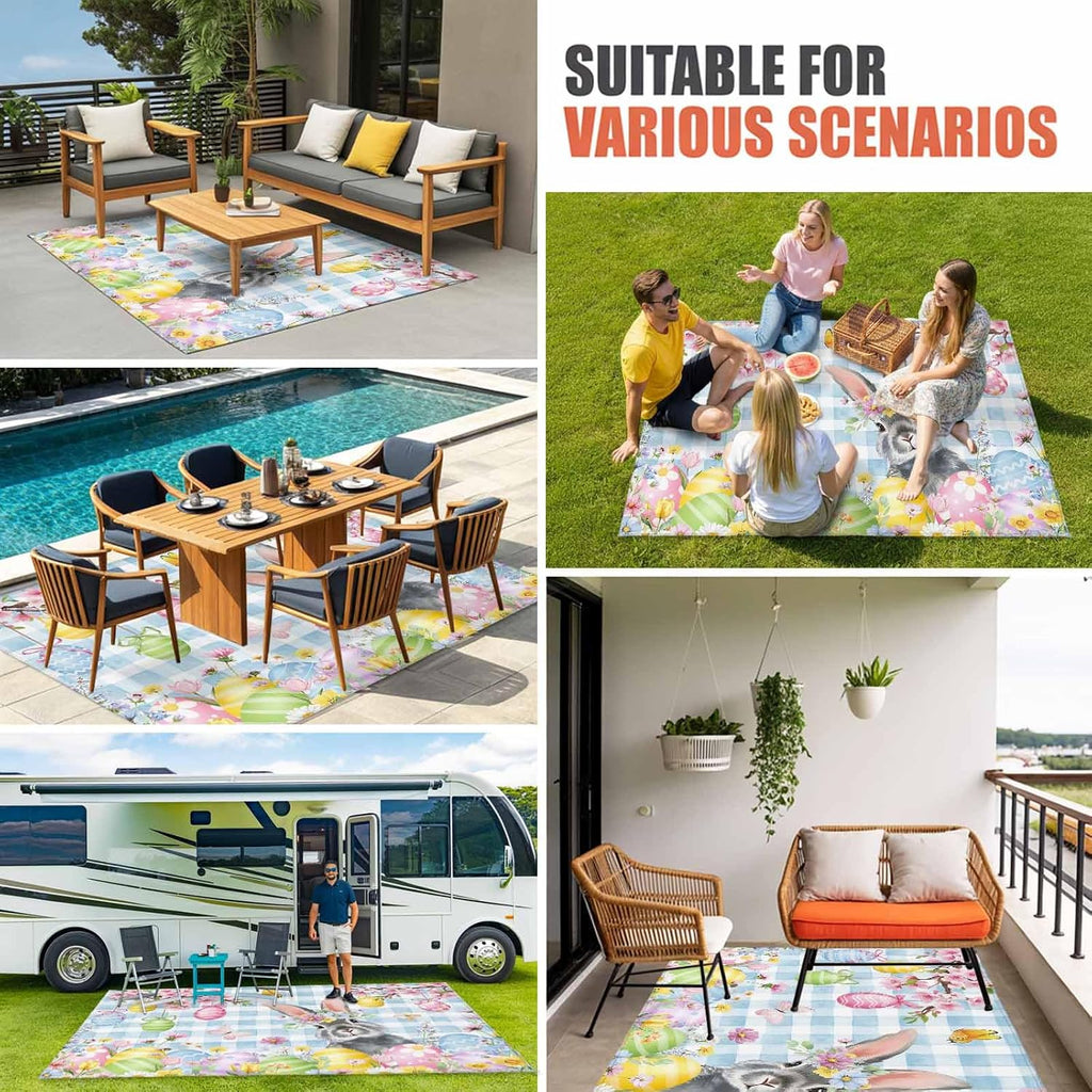 Blue Easter Outdoor Rug for Patio/Deck/Porch, Non-Slip Large Area Rug 6 x 9 Ft, Spring Watercolor Bunny Eggs Flower Plaid Indoor Outdoor Rugs Washable Area Rugs, Reversible Camping Rug Carpet Runner