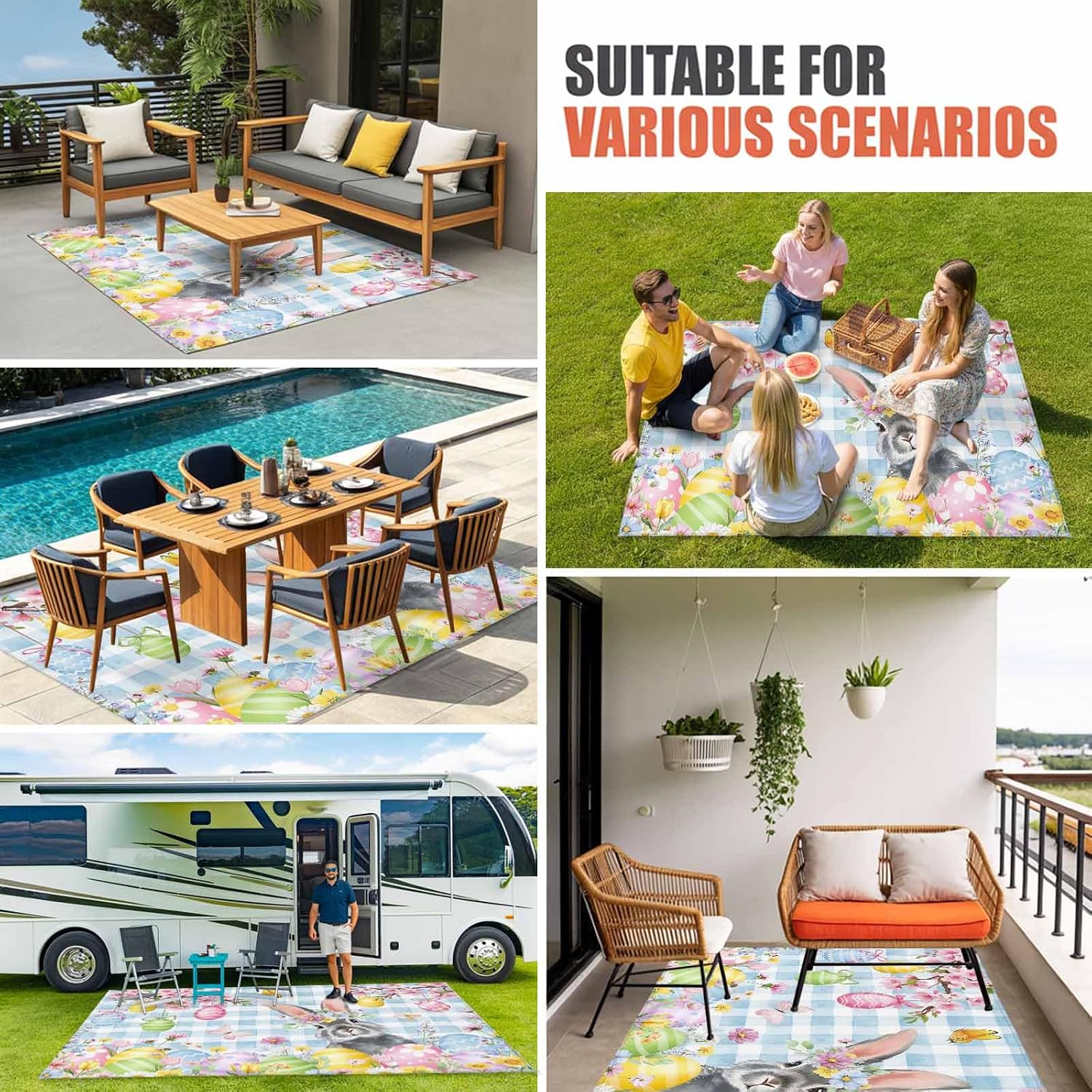 Blue Easter Outdoor Rug for Patio/Deck/Porch, Non-Slip Large Area Rug 6 x 9 Ft, Spring Watercolor Bunny Eggs Flower Plaid Indoor Outdoor Rugs Washable Area Rugs, Reversible Camping Rug Carpet Runner