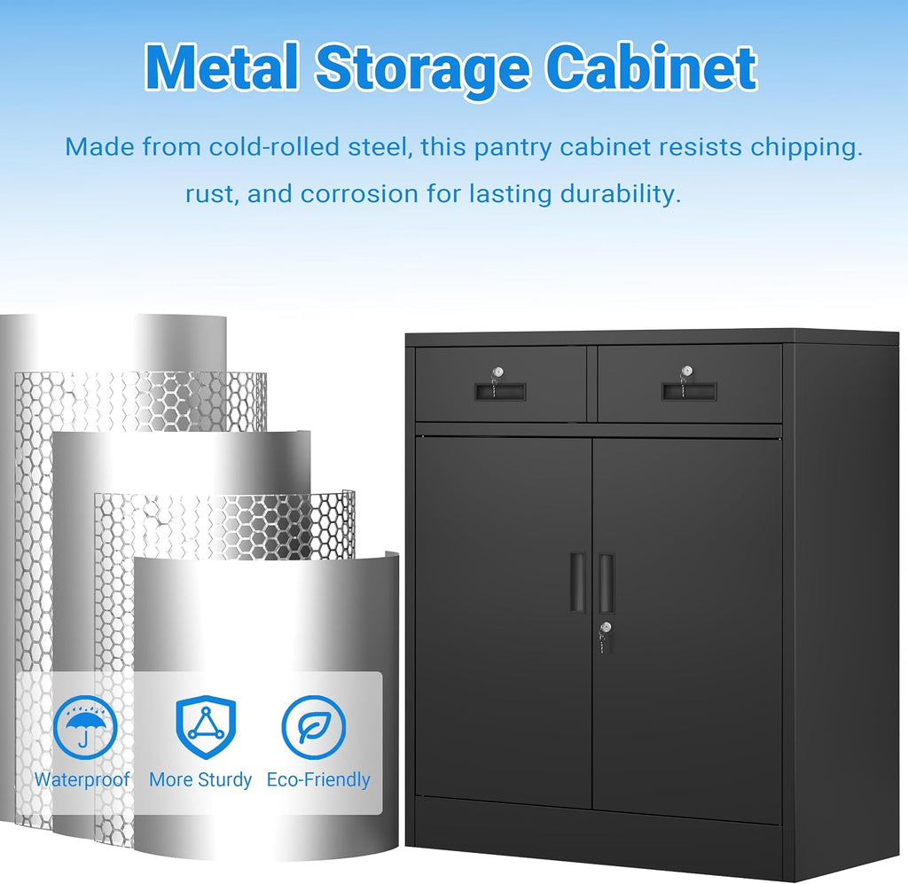 BESFUR Metal Storage Cabinet with Doors and Shelves, 36' H Locking Storage Cabinet with 2 Drawers, Reinforced Heavy Duty Metal Cabinets for Garage, Office, Home(Black)