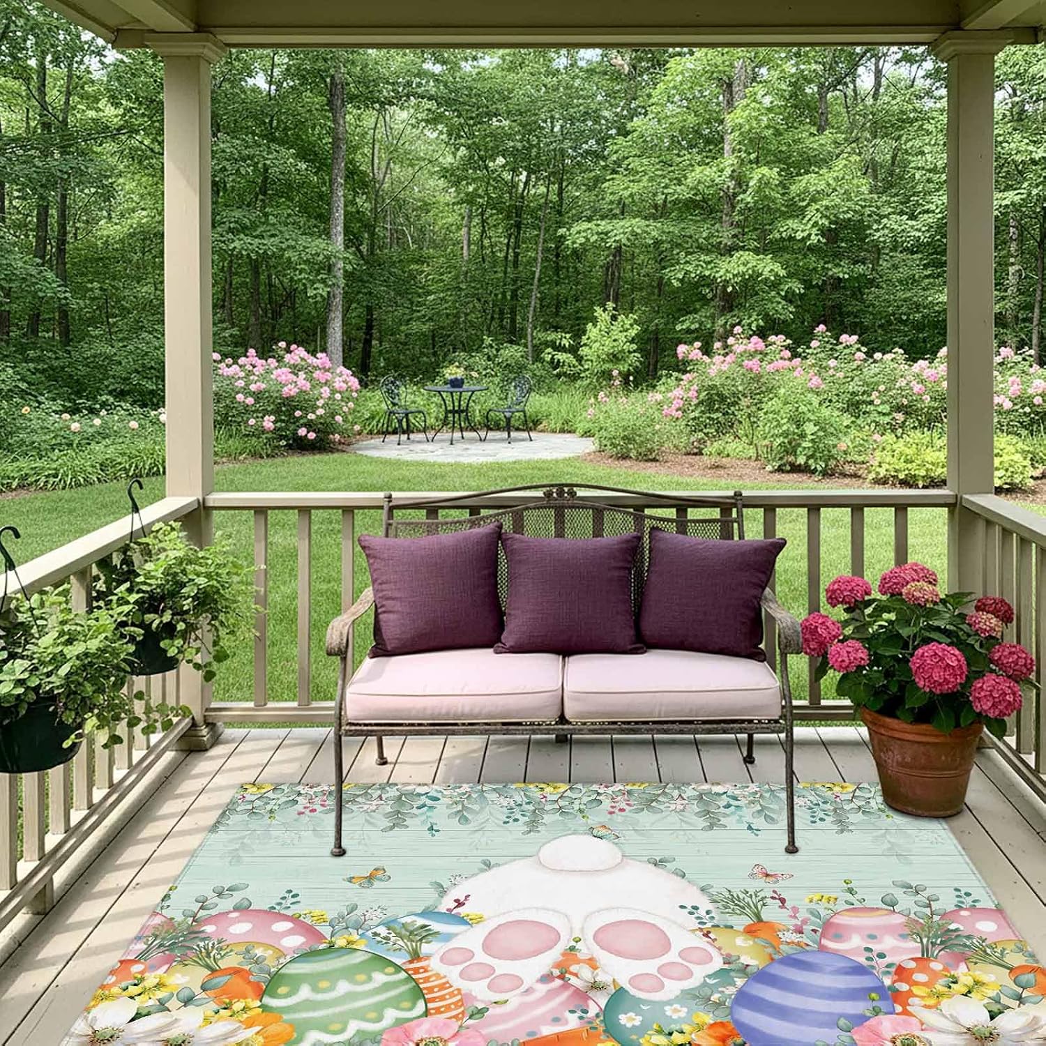 Cute Easter Bunny Outdoor Rug for Patio/Deck/Porch, Non-Slip Large Area Rug 5 x 8 Ft, Eucalyptus Leaves Colorful Eggs Teal Wooden Indoor Outdoor Rugs Washable Area Rugs, Camping Rug Carpet Runner