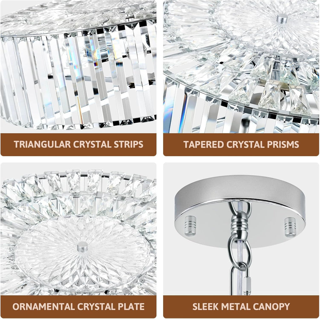 VONLUCE Cystal Ceiling Light Fixture, 6-Light Semi Flush Ceiling Light with Crystal Prisms, 21 in. Chandelier for Dining Room Bedroom Entryway, Kitchen, Nickel Metal Canopy, ETL Certificated