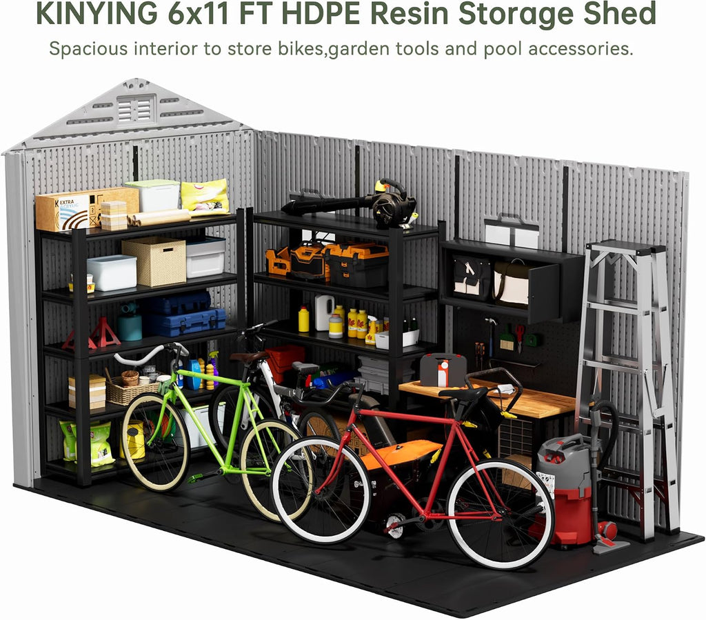 KINYING 6x11 FT Outdoor Storage Shed with Floor,Resin Outdoor Garden Tool Shed with Windows,Lockable Weather Resistant Large Plastic Shed for Bike Storage,Lawn Mower,Pool Supplies