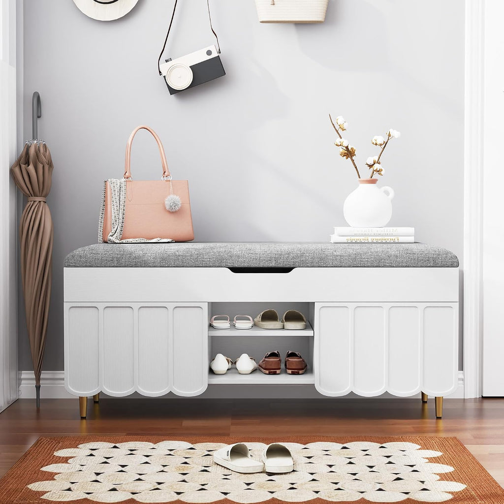 3More 40' Entryway Shoe Storage Bench,Upholstered Hidden Space Beneath Seat Cushion Bench,2-Tier Unique Geometric Shape with Wood Grain,White