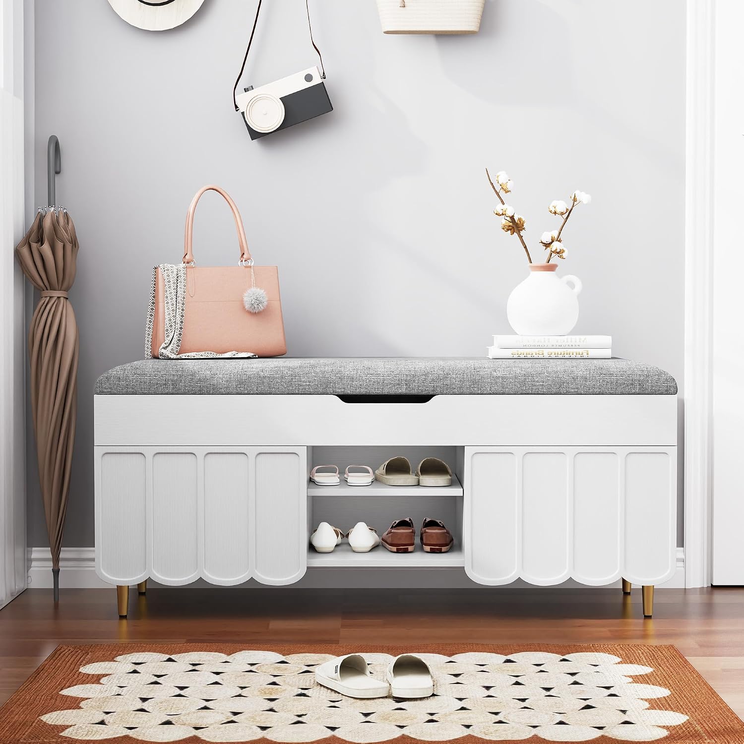 3More 40' Entryway Shoe Storage Bench,Upholstered Hidden Space Beneath Seat Cushion Bench,2-Tier Unique Geometric Shape with Wood Grain,White