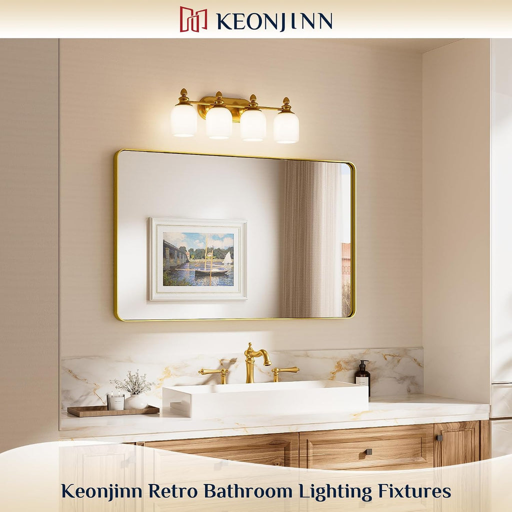 Keonjinn Gold Bathroom Light Fixtures, 4-Light Vintage Vanity Lights for Mirror with Frosted Glass Shades, UL Listed E26 Base(Bulbs Not Included), Reversible Vanity Lighting Fixtures for Bathroom