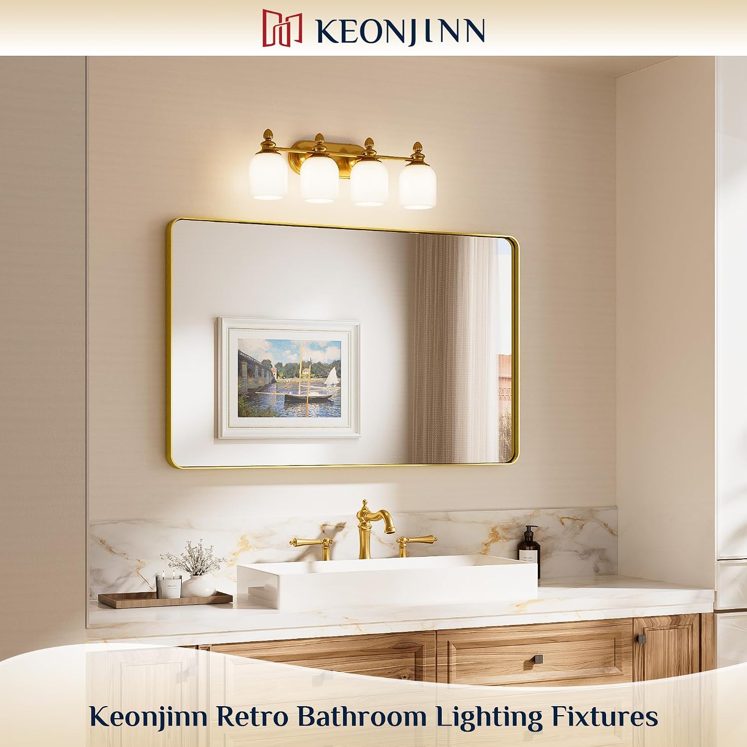 Keonjinn Gold Bathroom Light Fixtures, 4-Light Vintage Vanity Lights for Mirror with Frosted Glass Shades, UL Listed E26 Base(Bulbs Not Included), Reversible Vanity Lighting Fixtures for Bathroom