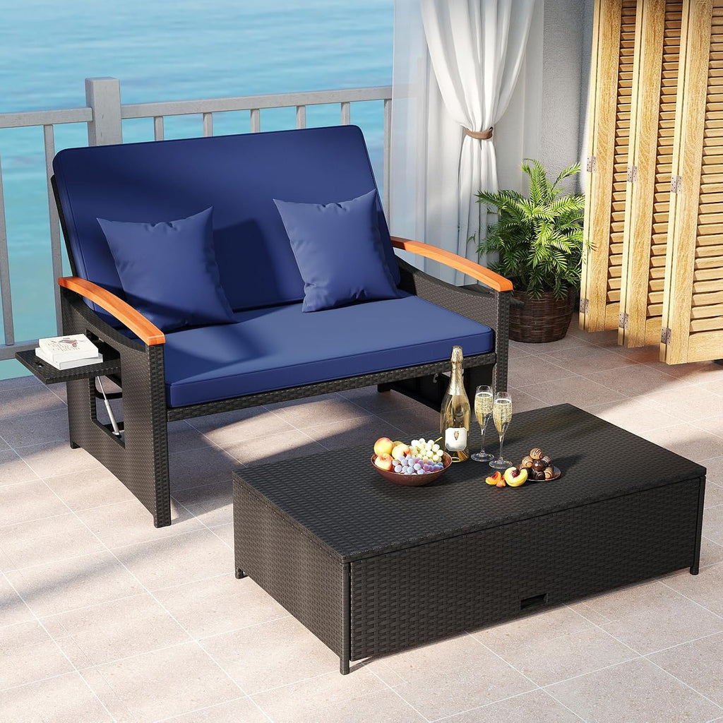 Tangkula Patio Rattan Daybed with 4-Level Adjustable Backrest, Outdoor Wicker Loveseat with Acacia Wood Armrest, Storage Ottoman & Folding Tray, Double Sunbed for Yard & Poolside (Navy & Black)