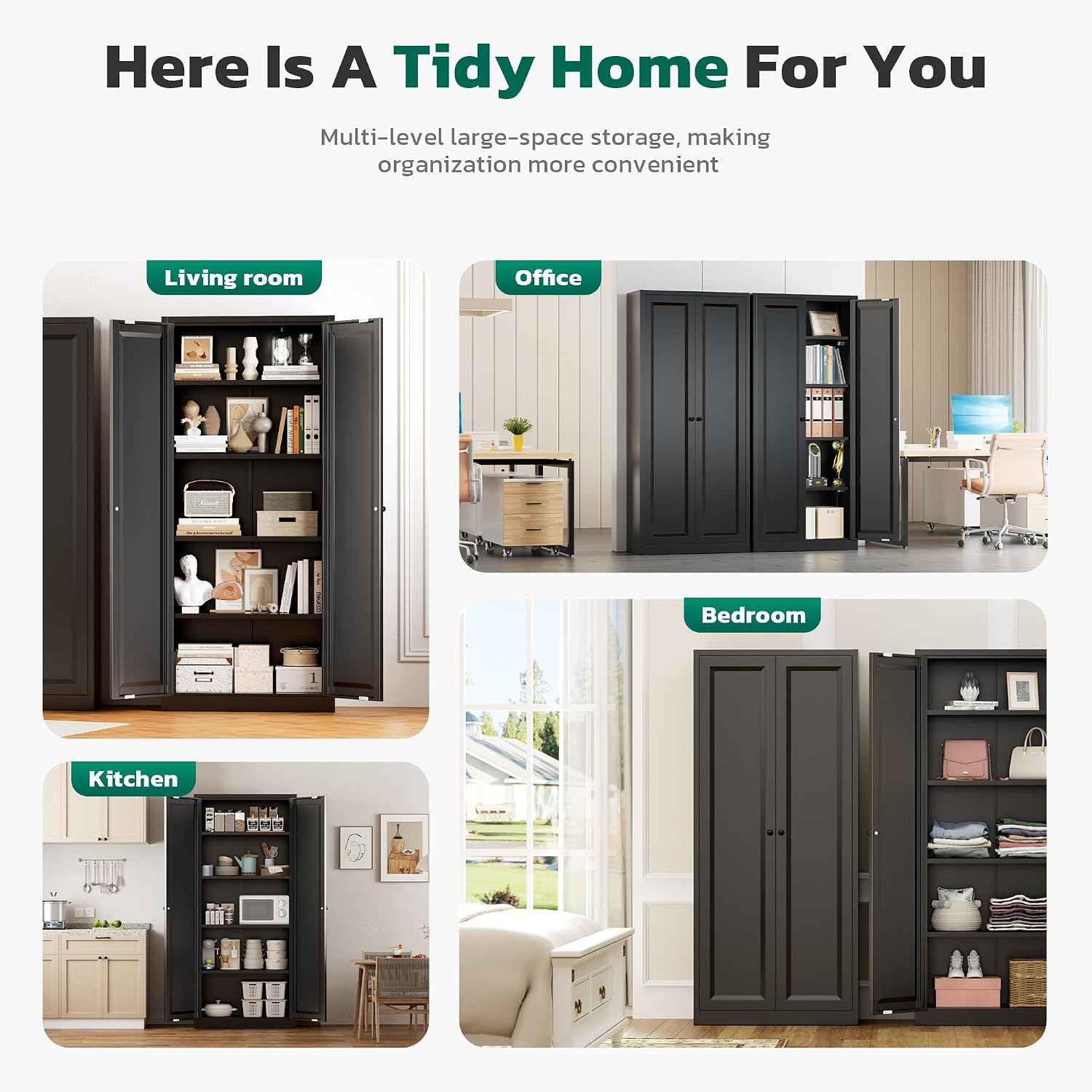 Greenvelly Metal Cabinet, 63' H Black Metal Storage Cabinet with Doors and 4 Shelves, Pantry Storage Cabinet for Kitchen, Bedroom, Living Room, Office (Modern)