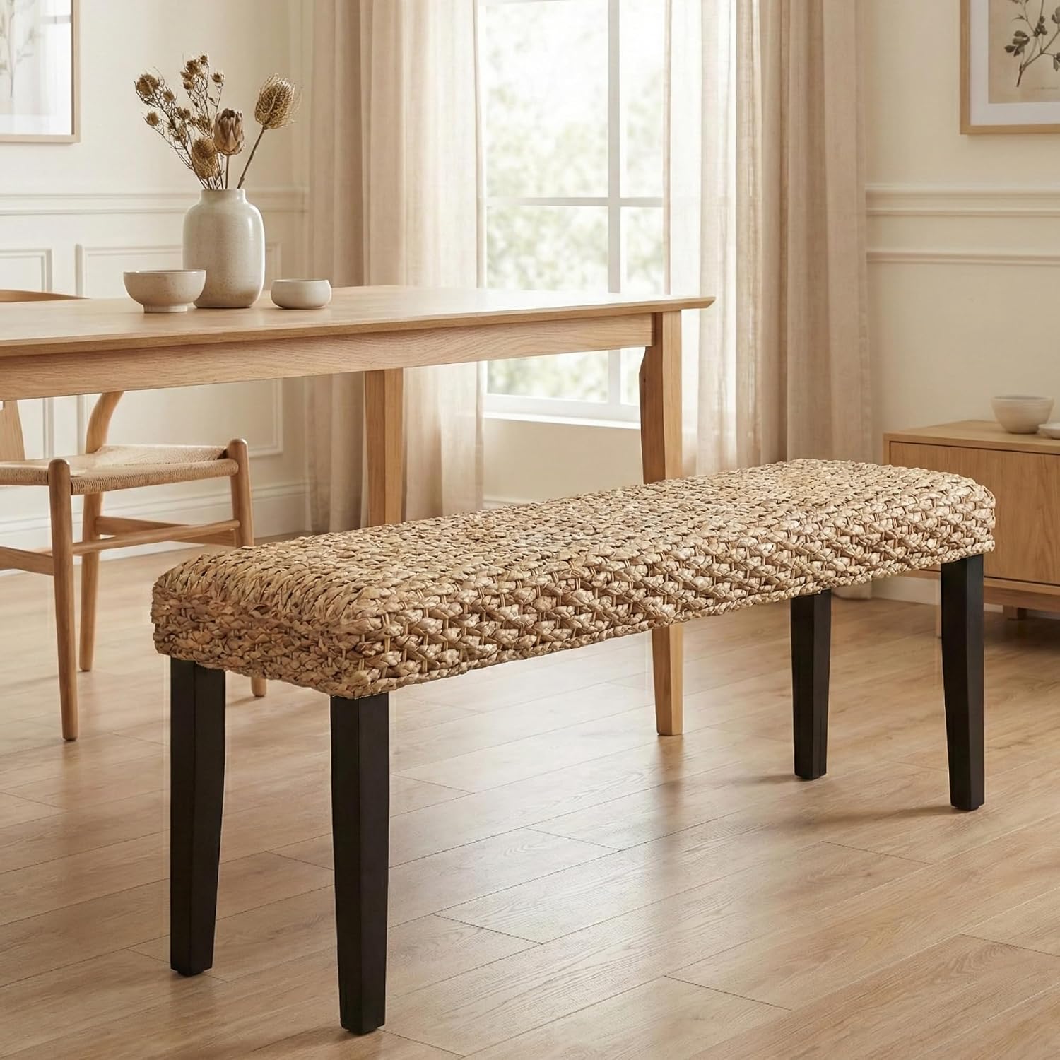 Solid Wood Acacia Indoor Bench with Natural Woven Seat, Boho Bench Entryway, Wood Bench for Living Room, Wooden Bench for Bedroom, Farmhouse Entryway Bench, Dining Benches (Black, Water Hyacinth)