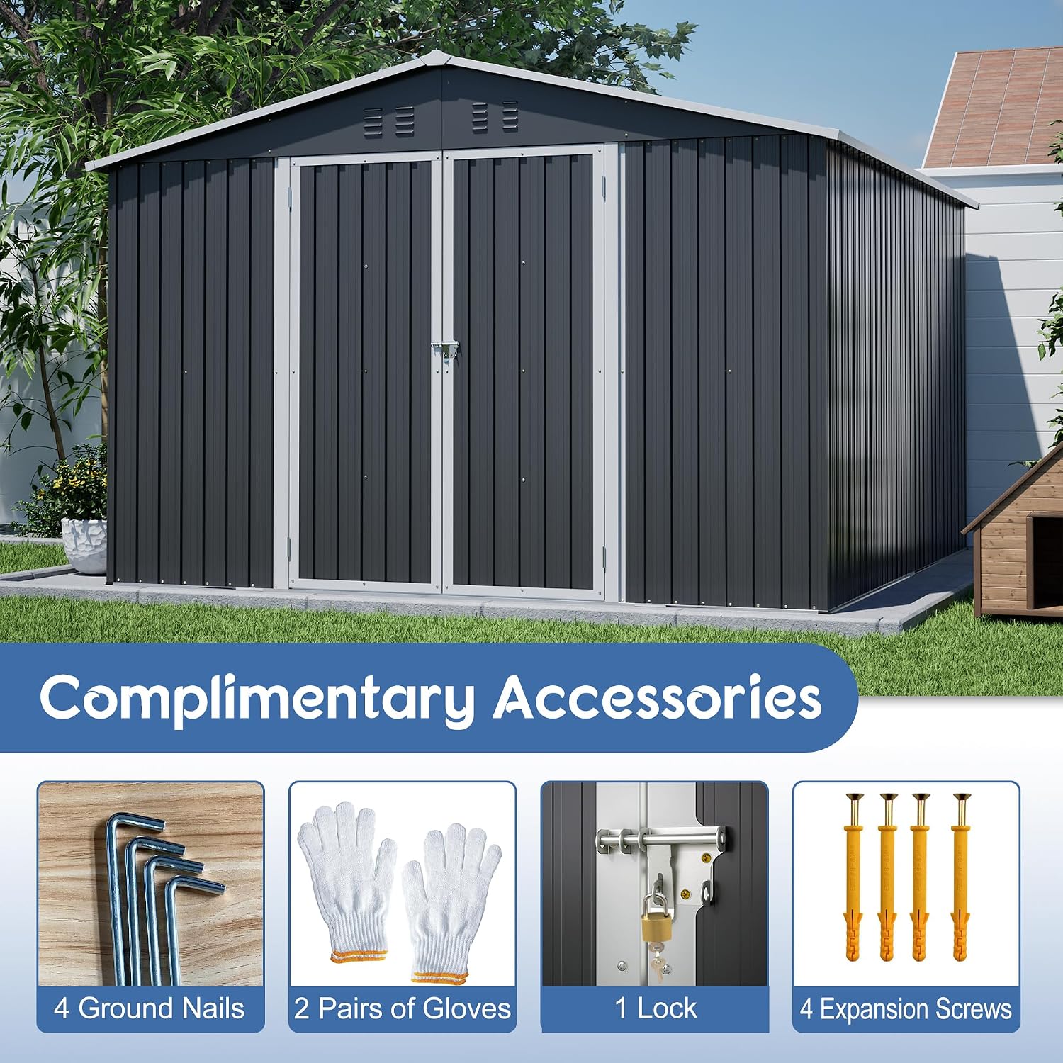 YOPTO 10 x 10 FT Outdoor Storage Shed,Heavy Duty Tool Sheds Metal Storage Garden Shed with Sloped Roof and Lockable Doors,Large Metal Storage Sheds for Backyard Patio Lawn, Black